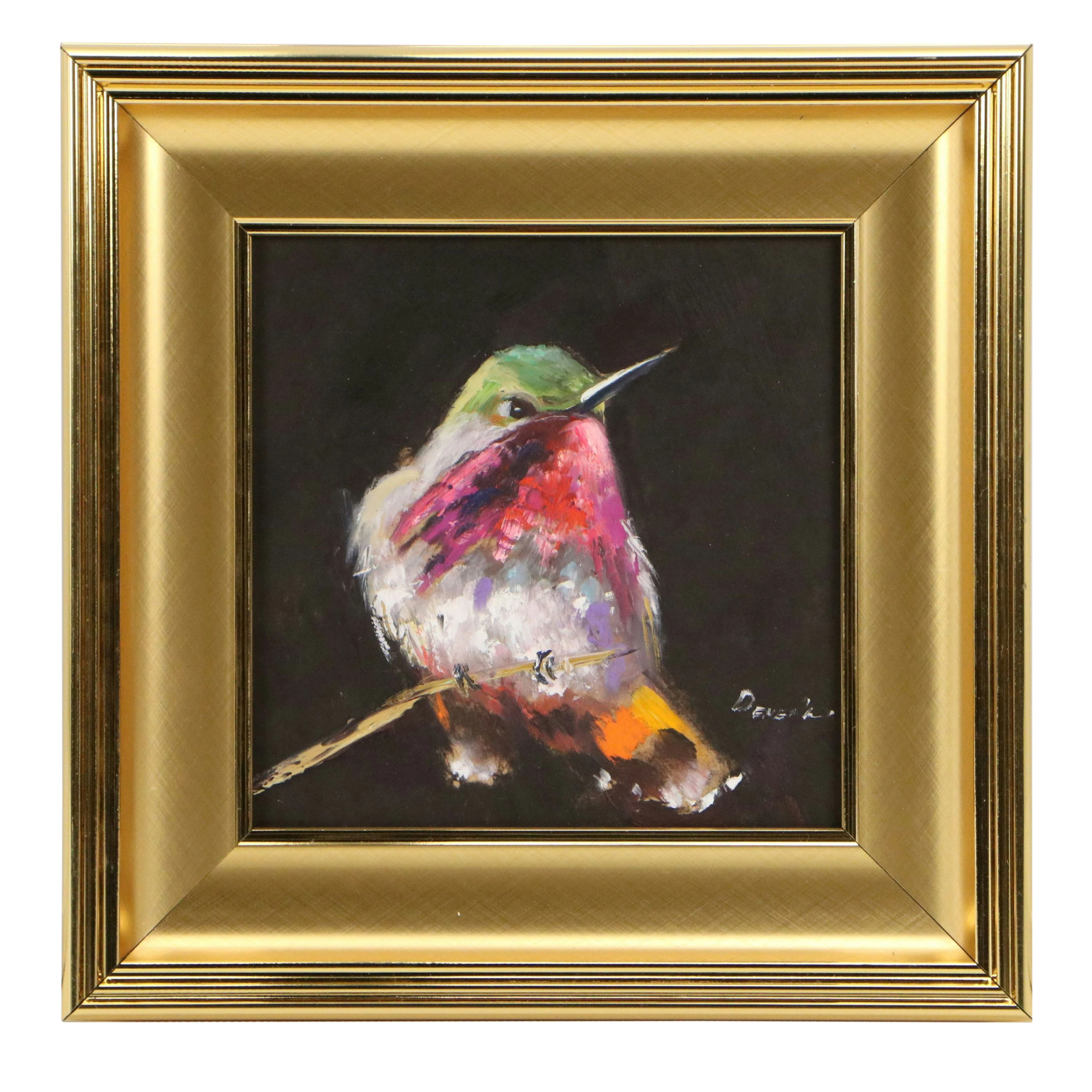 Natalie Demenko Oil Painting of Bird on Branch, 21st Century