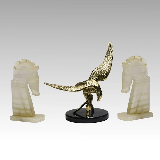 Horse Head Banded Calcite Bookends with Brass Eagle Figurine, Vintage