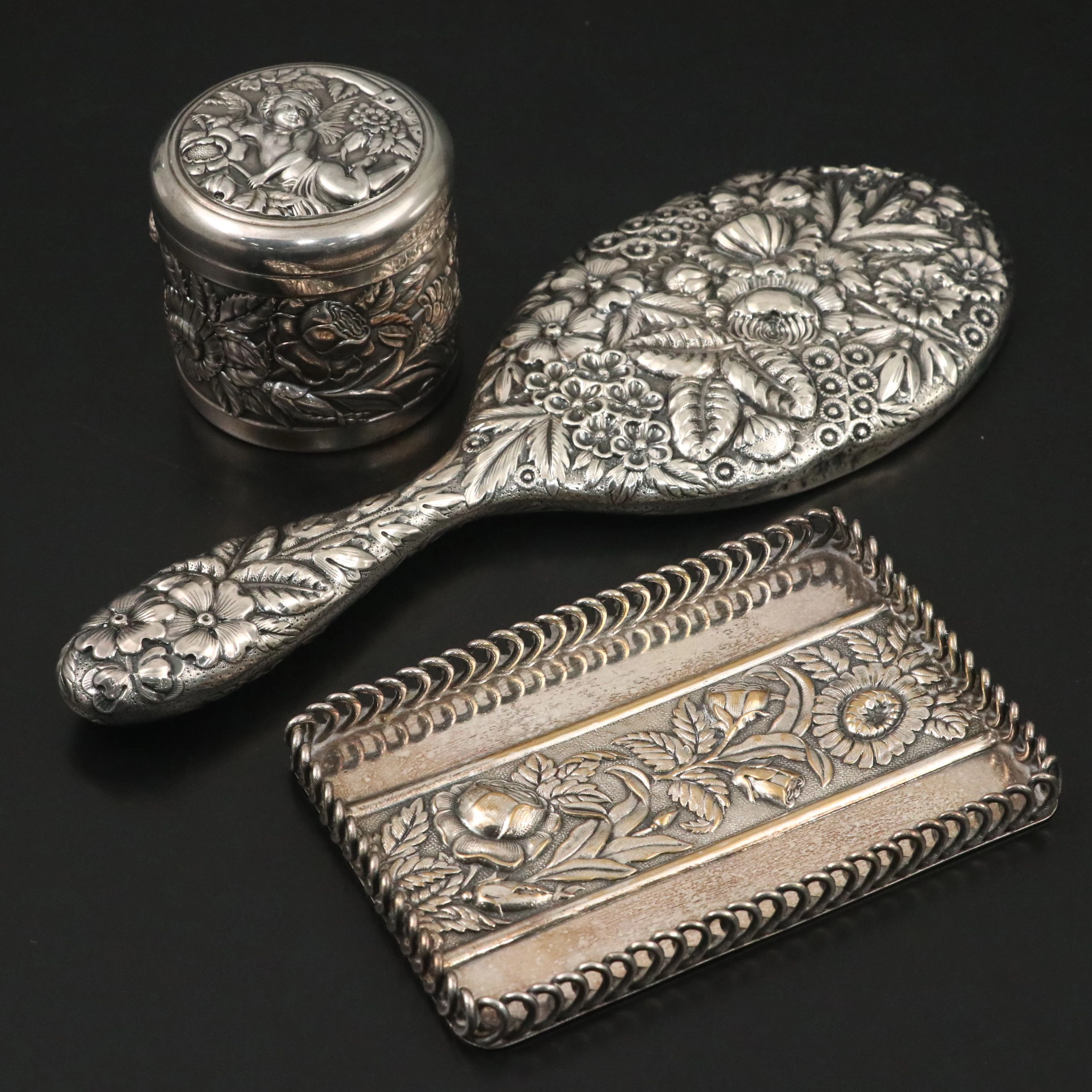 Gorham Sterling Hand Mirror with Derby Silver Plate Vanity Tray and Box Set