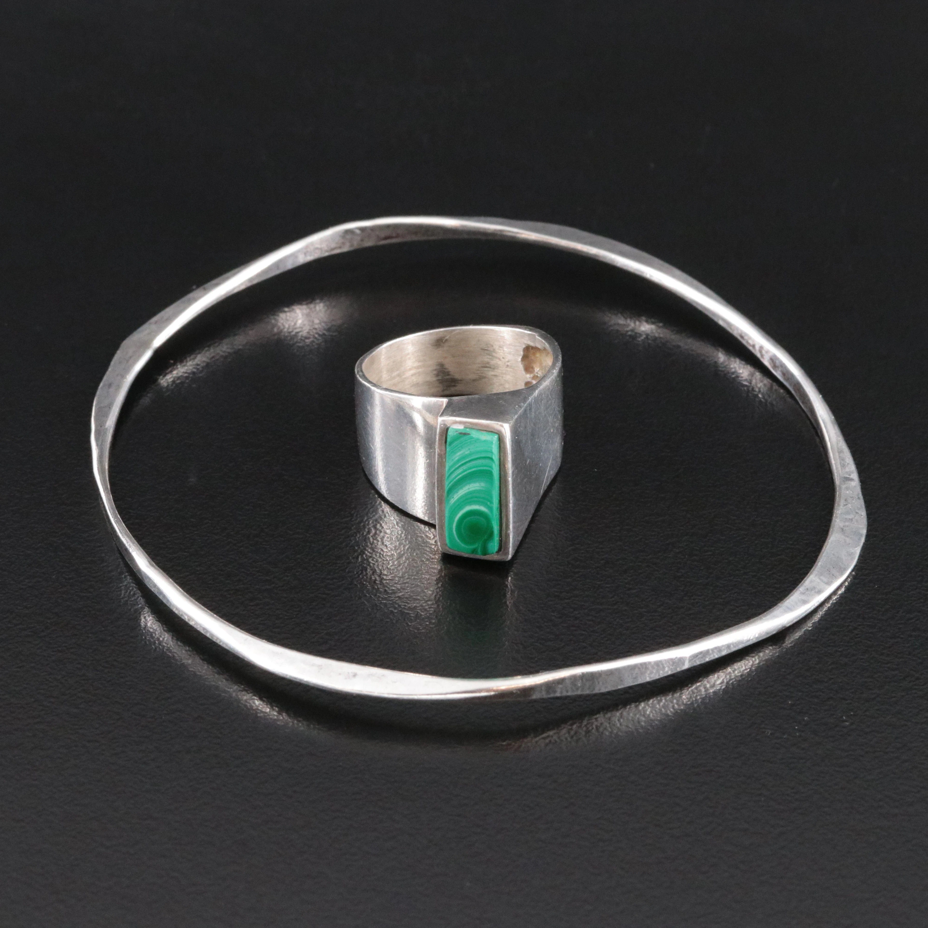 Sterling Malachite Ring with Hammered Finish Bangle
