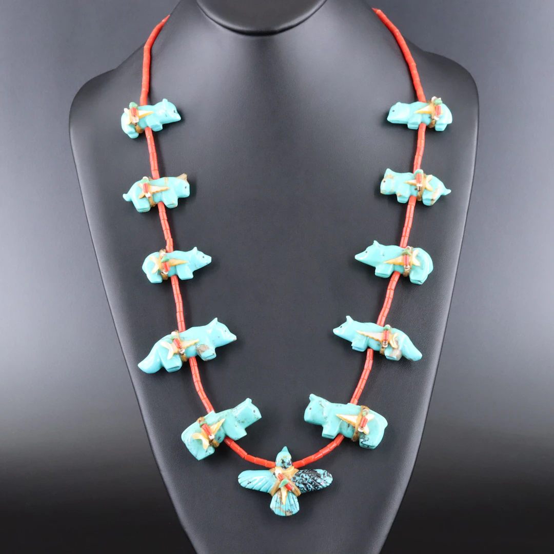 Southwestern Carved Turquoise Fetish Necklace with Sterling Clasp