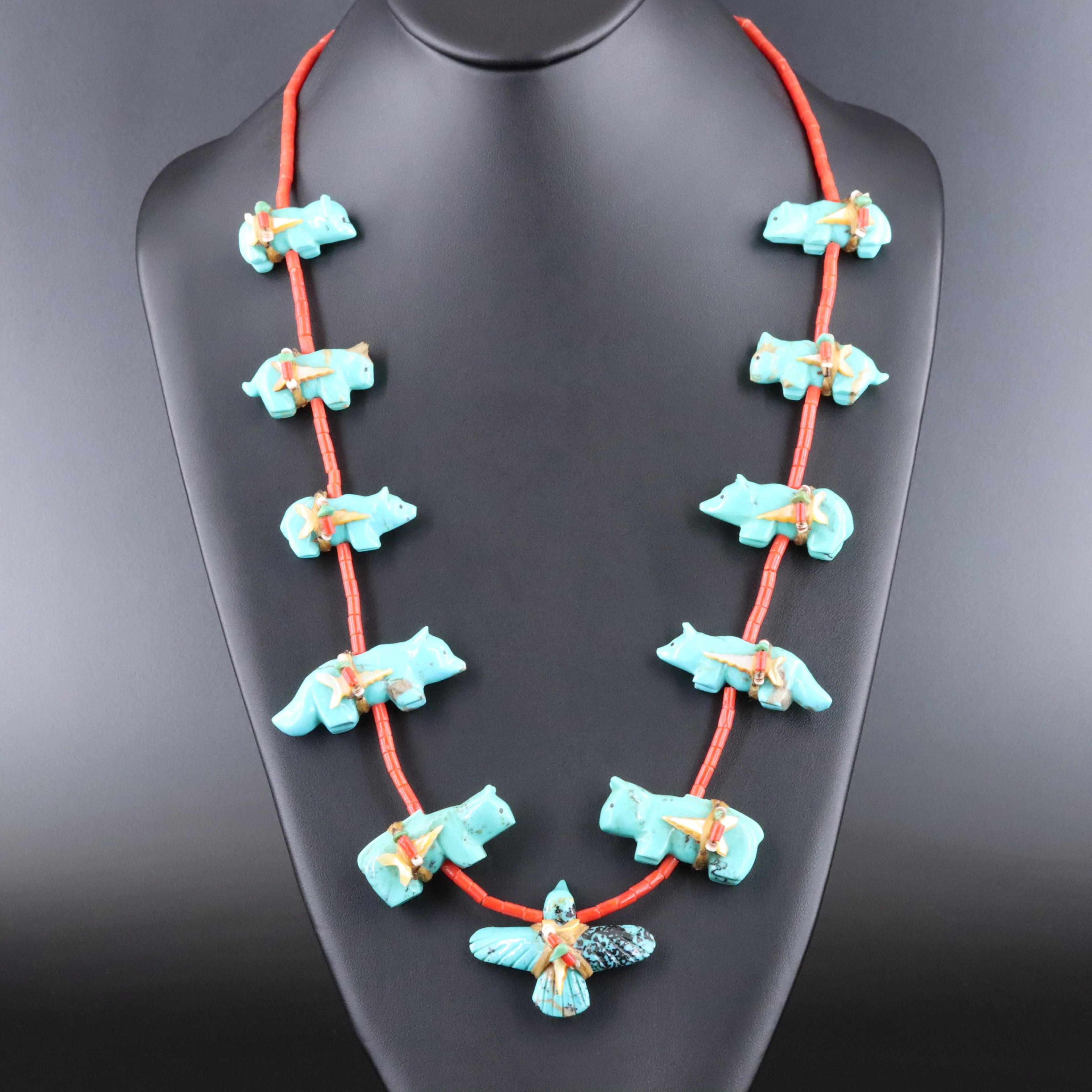 Southwestern Carved Turquoise Fetish Necklace with Sterling Clasp