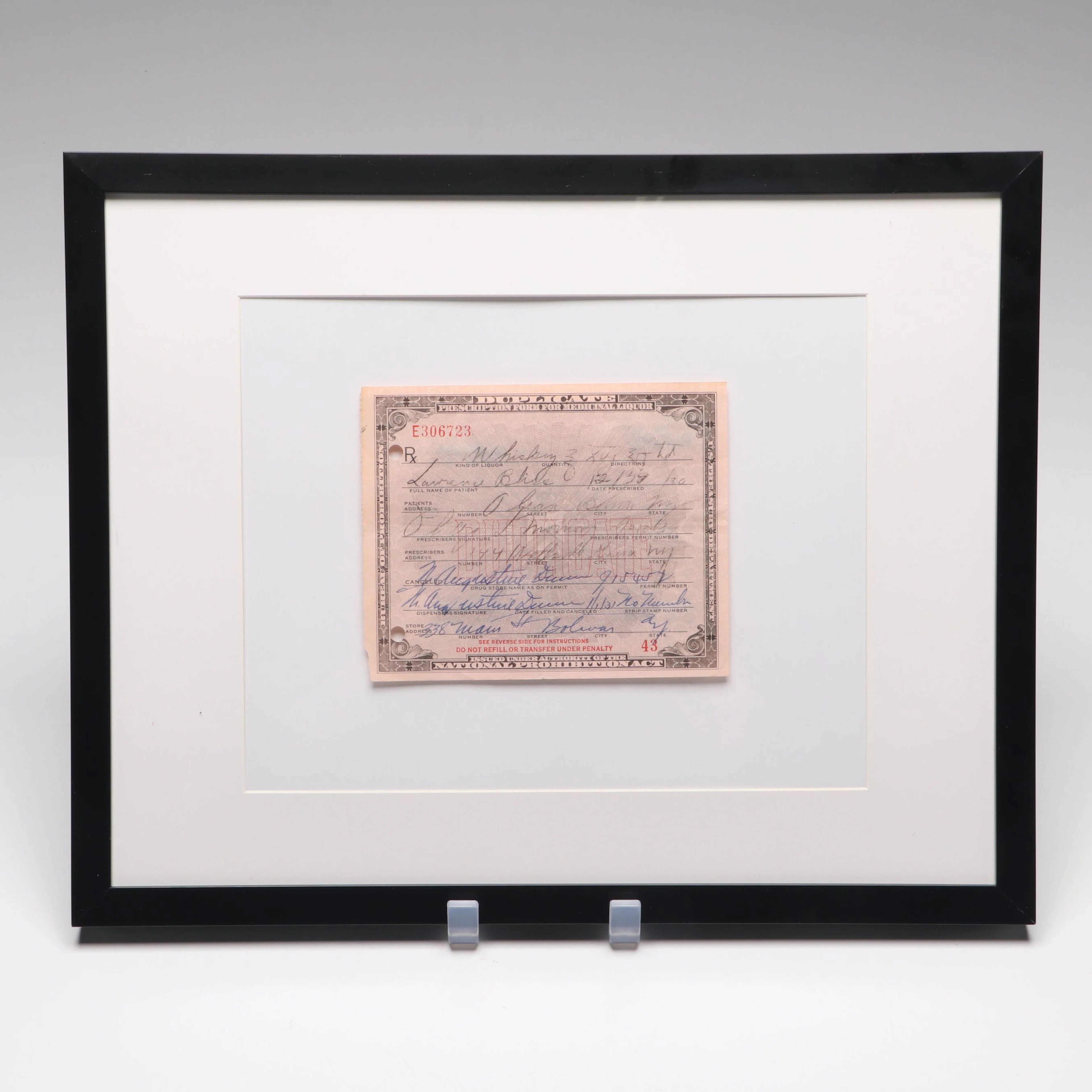 Prohibition Era Prescription Form for Whiskey, 1930