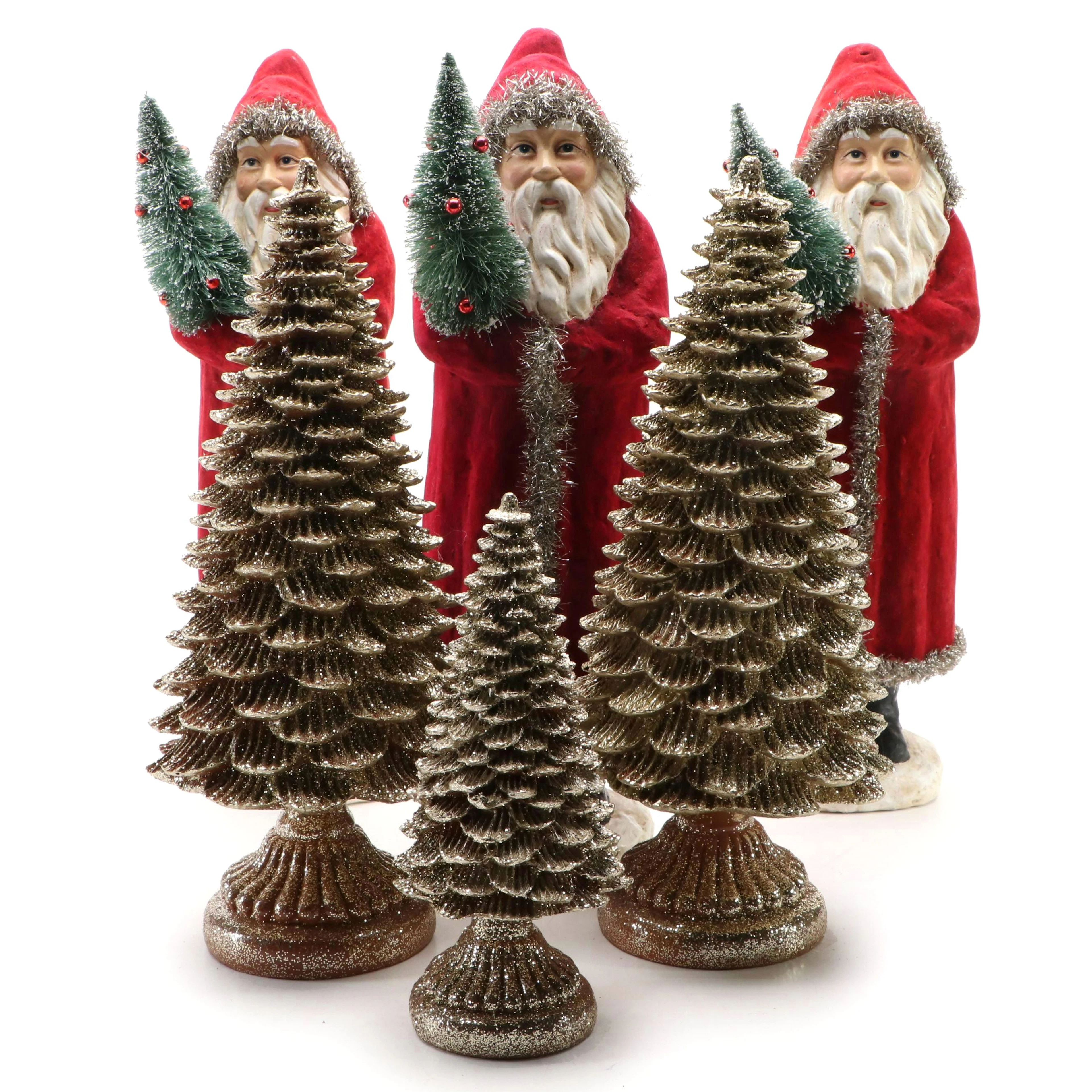 French Country Road Santas with Glitter Pinecone Christmas Trees