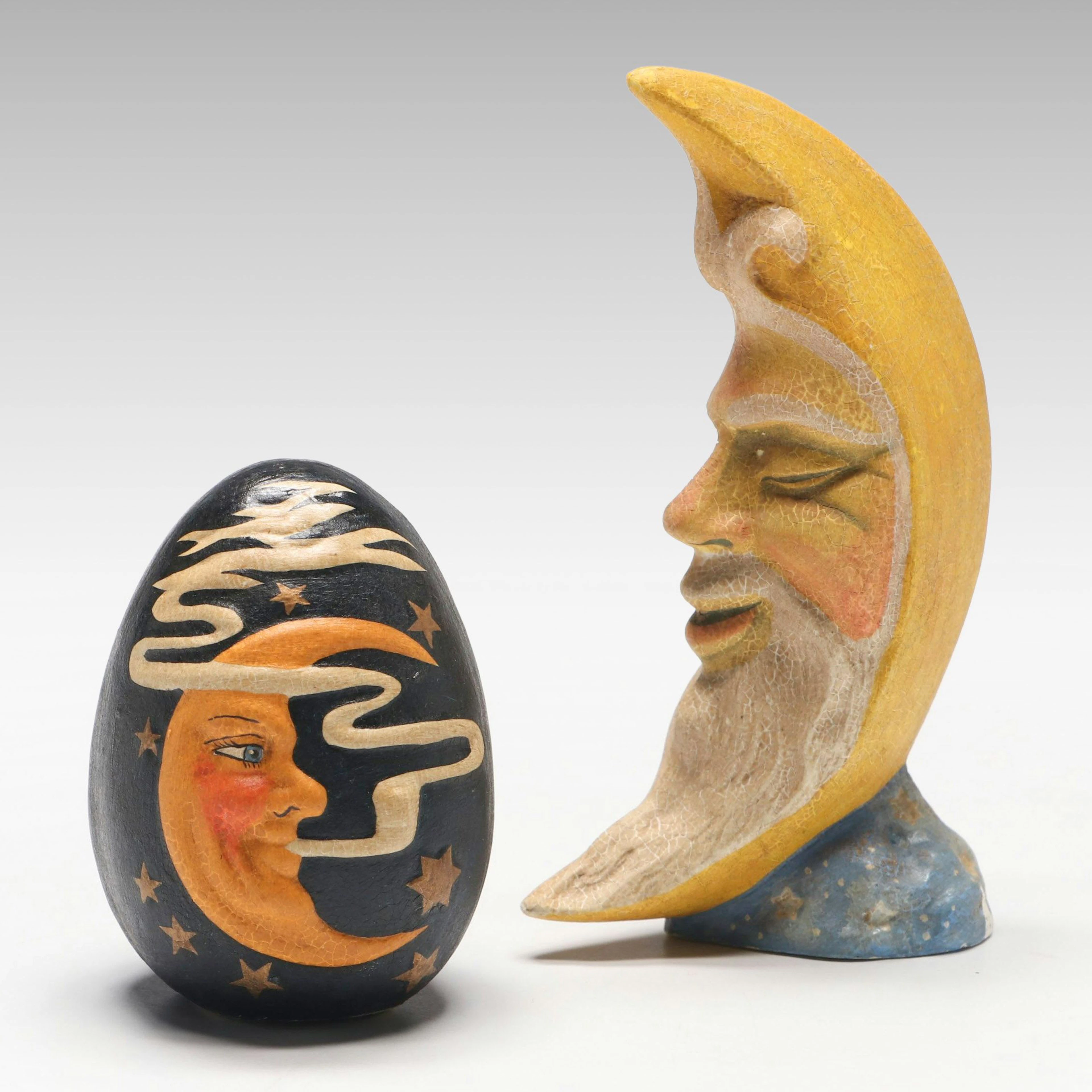 Vaillancourt Folk Art "Man in Moon" and "Moon Egg" Chalkware Figurines
