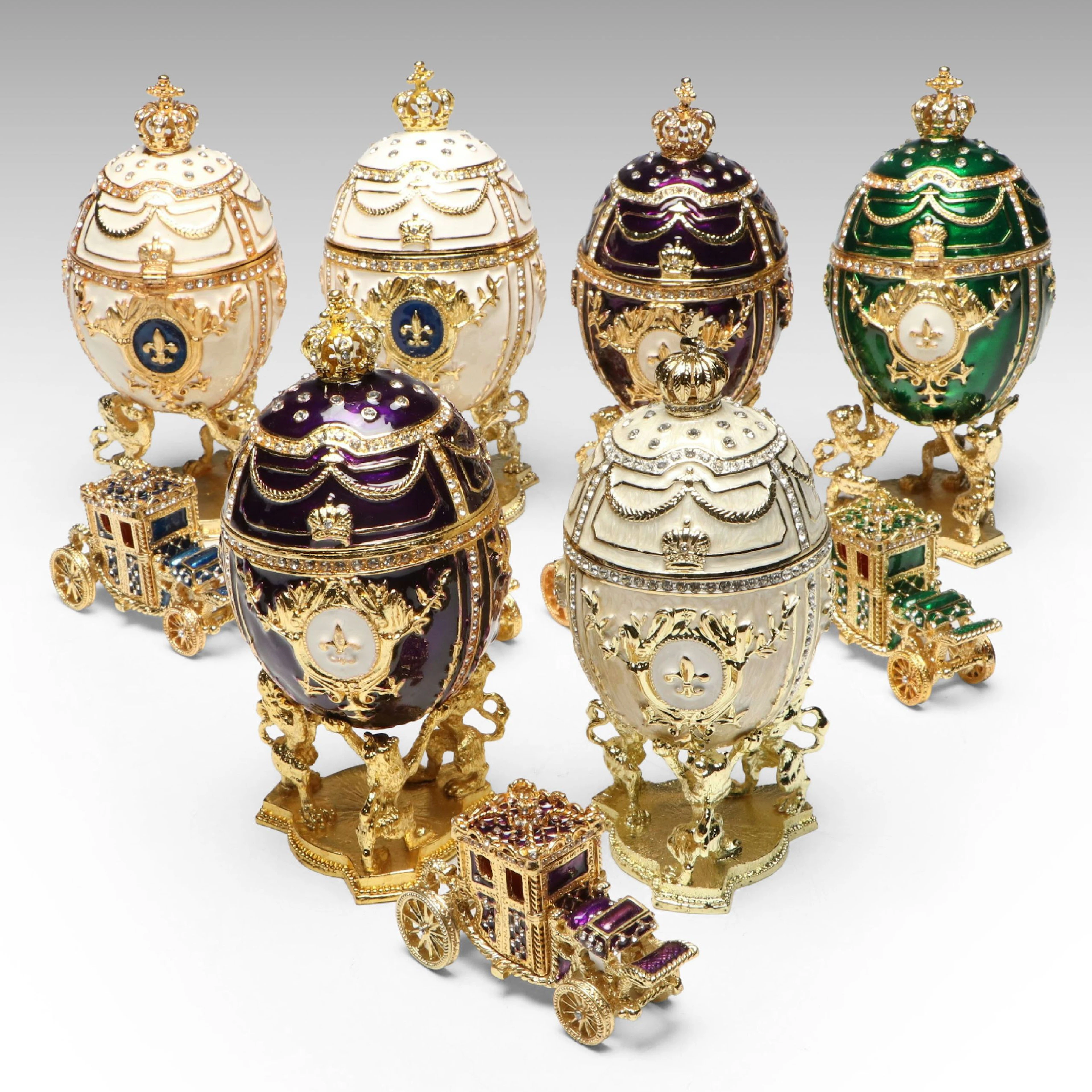 Fabergé Style Enameled Eggs on Pedestals and Matching Carriages