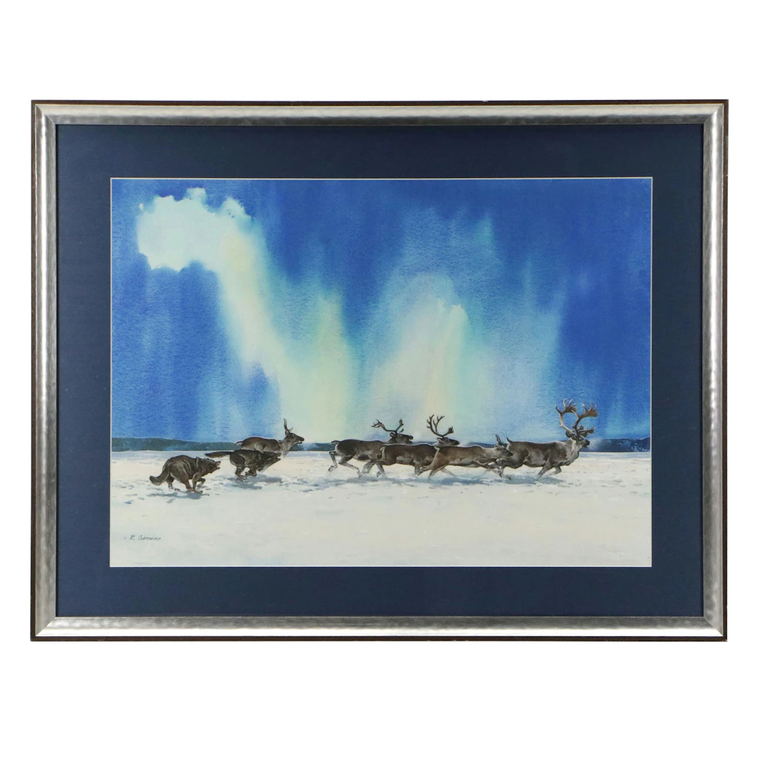 Robert Cremins Watercolor Painting of Wolves in Pursuit of Caribou