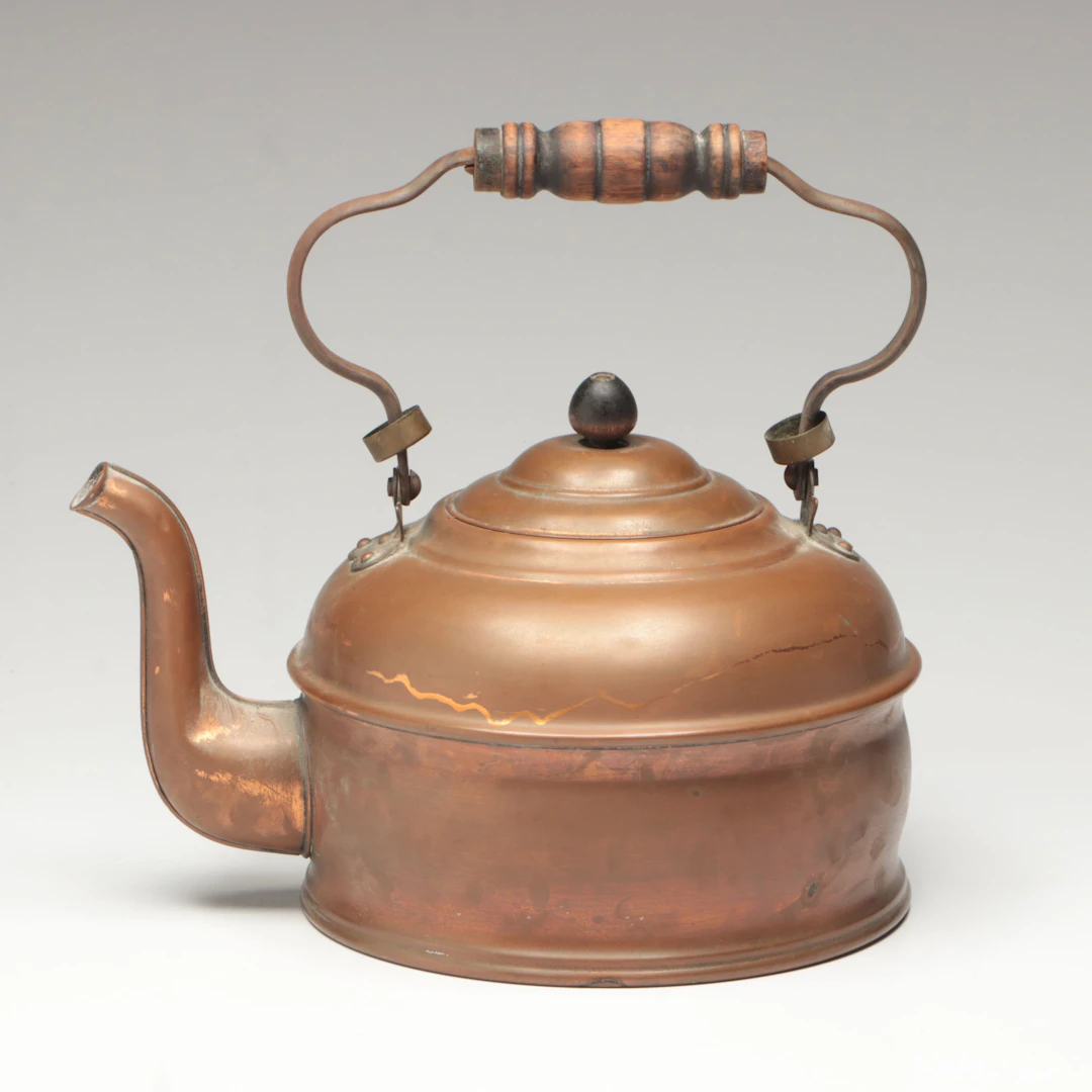 20oz Copper Tea Kettle with Turned Wood Handle, Early to Mid-20th Century
