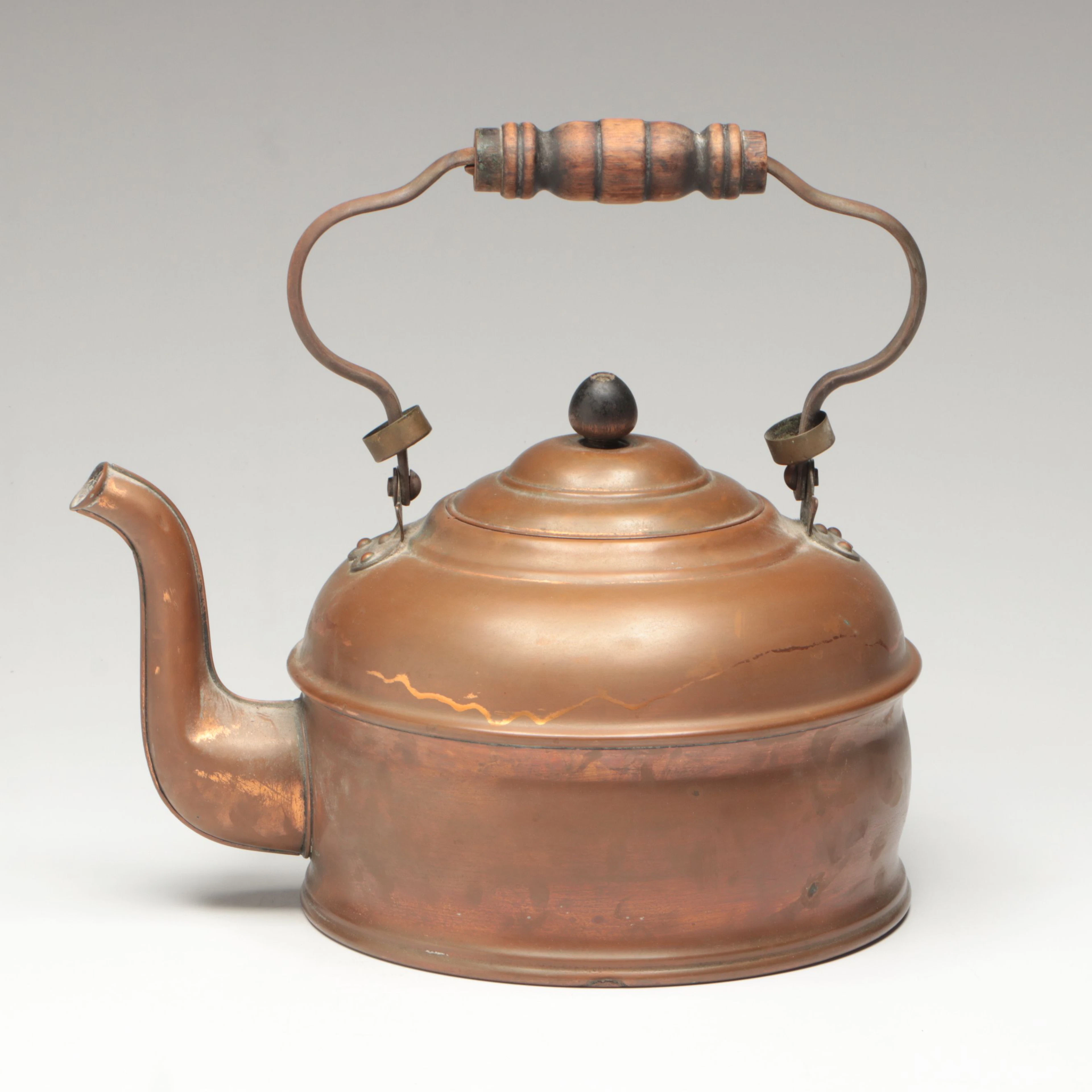 20oz Copper Tea Kettle with Turned Wood Handle, Early to Mid-20th Century
