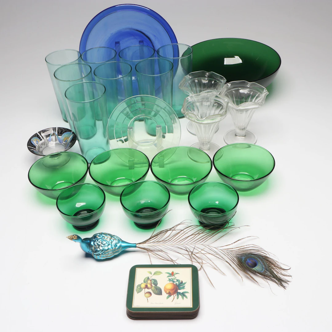 Vedar Italian Art Deco Enameled Glass Footed Bowl with Other Tableware