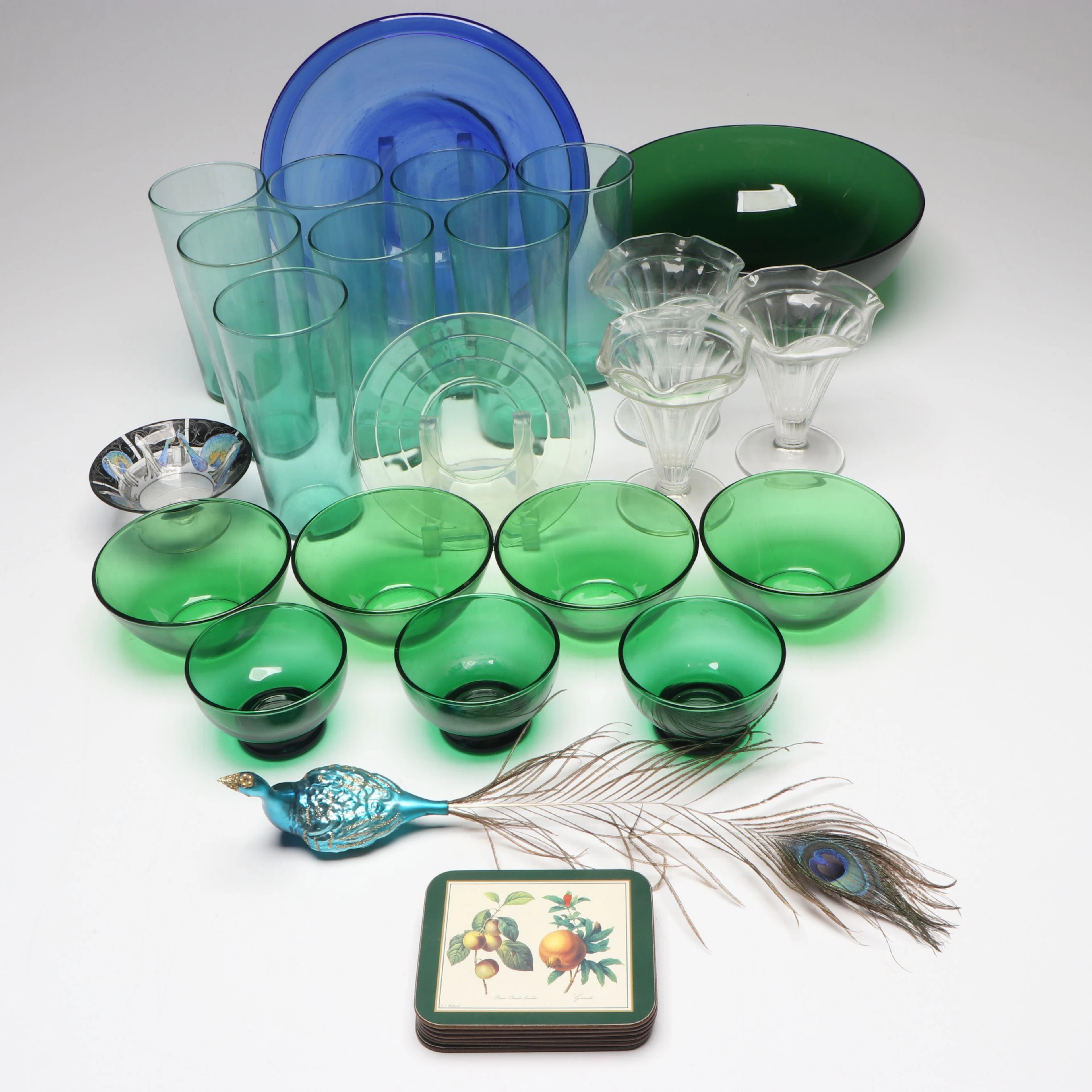 Vedar Italian Art Deco Enameled Glass Footed Bowl with Other Tableware