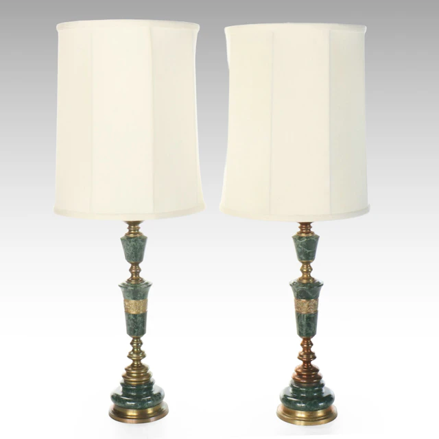 Pair of Neoclassical Style Green Marble and Brass Table Lamps