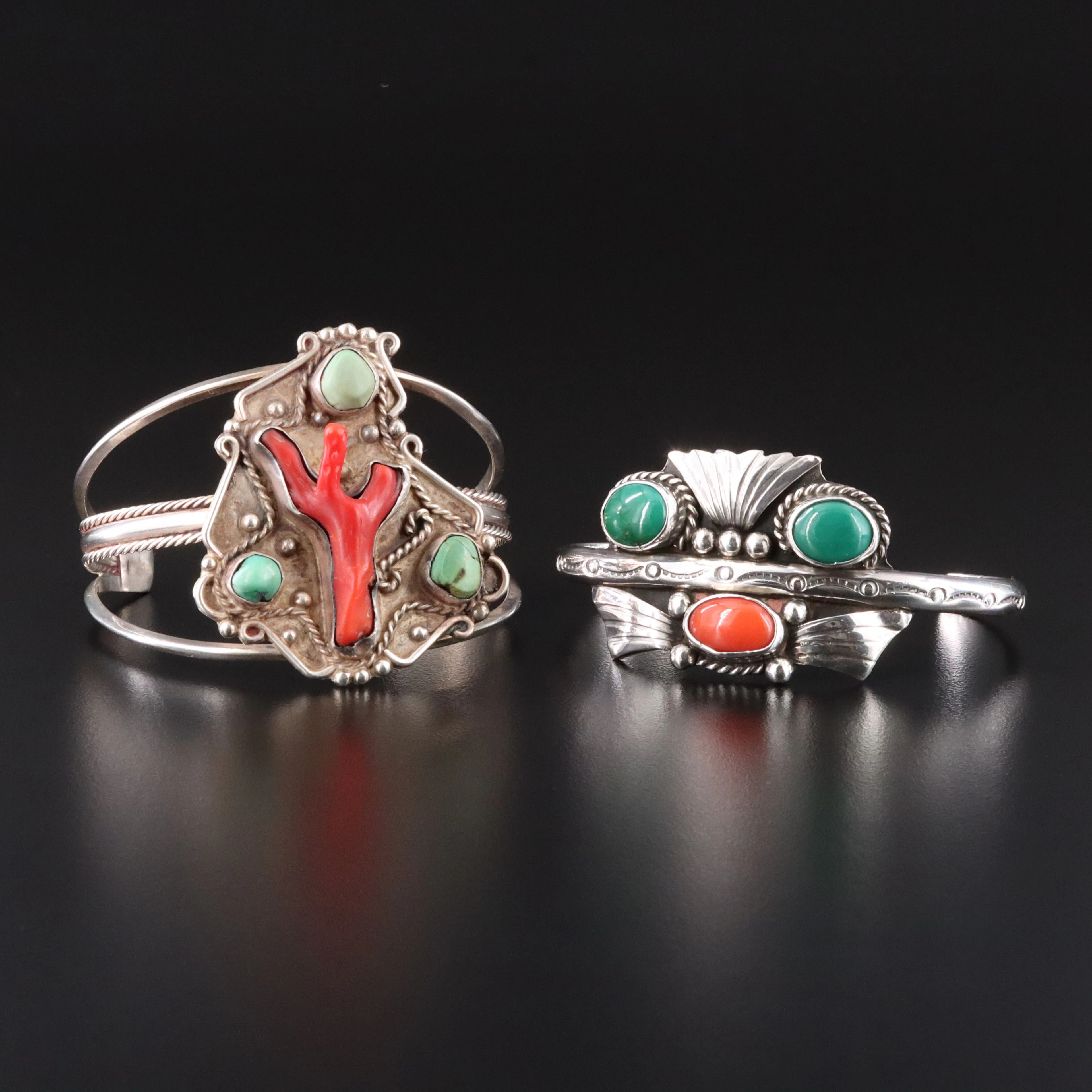 Southwestern Sterling Turquoise and Coral Cuffs