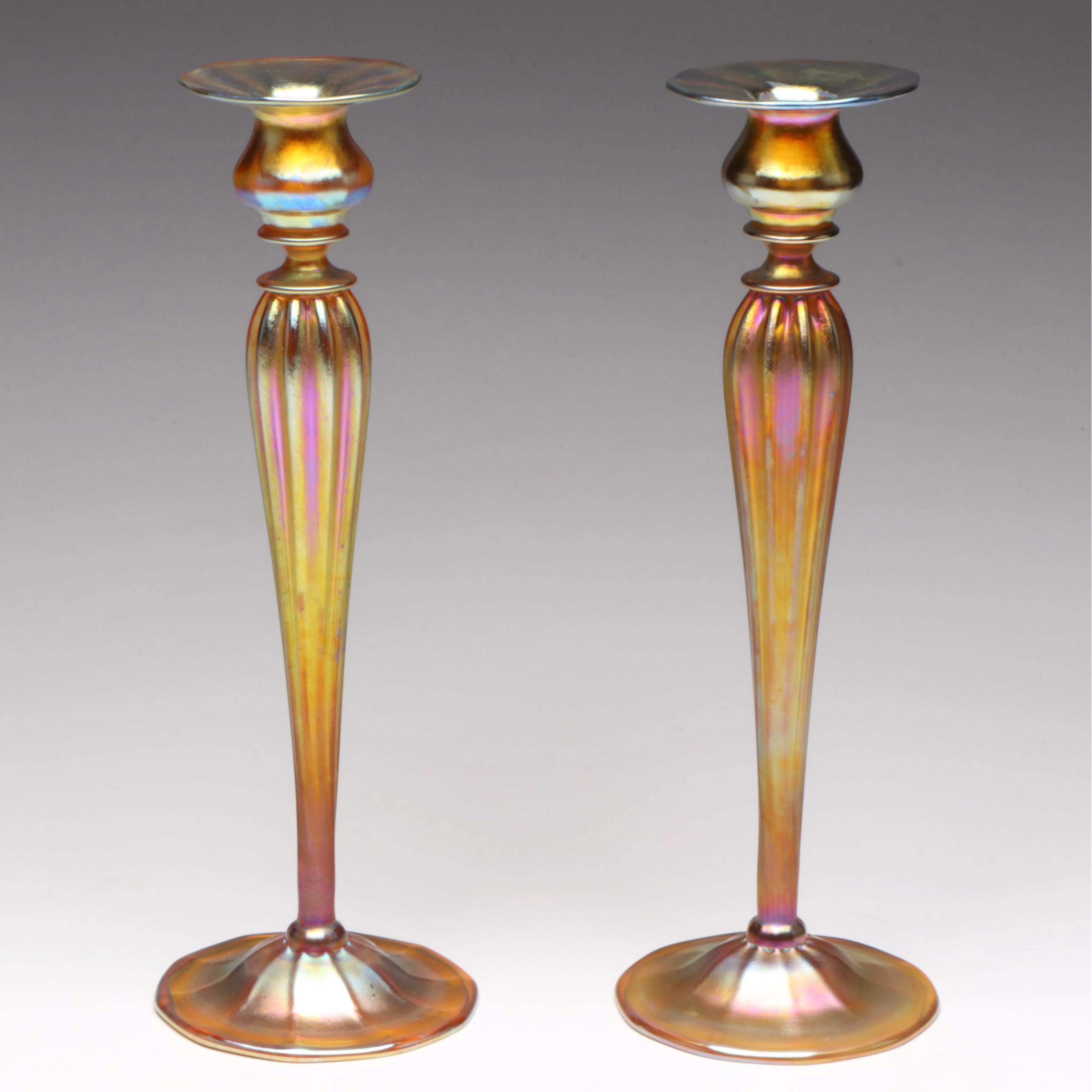 Louis Comfort Tiffany Favrile Art Glass Candlesticks, Early 20th Century