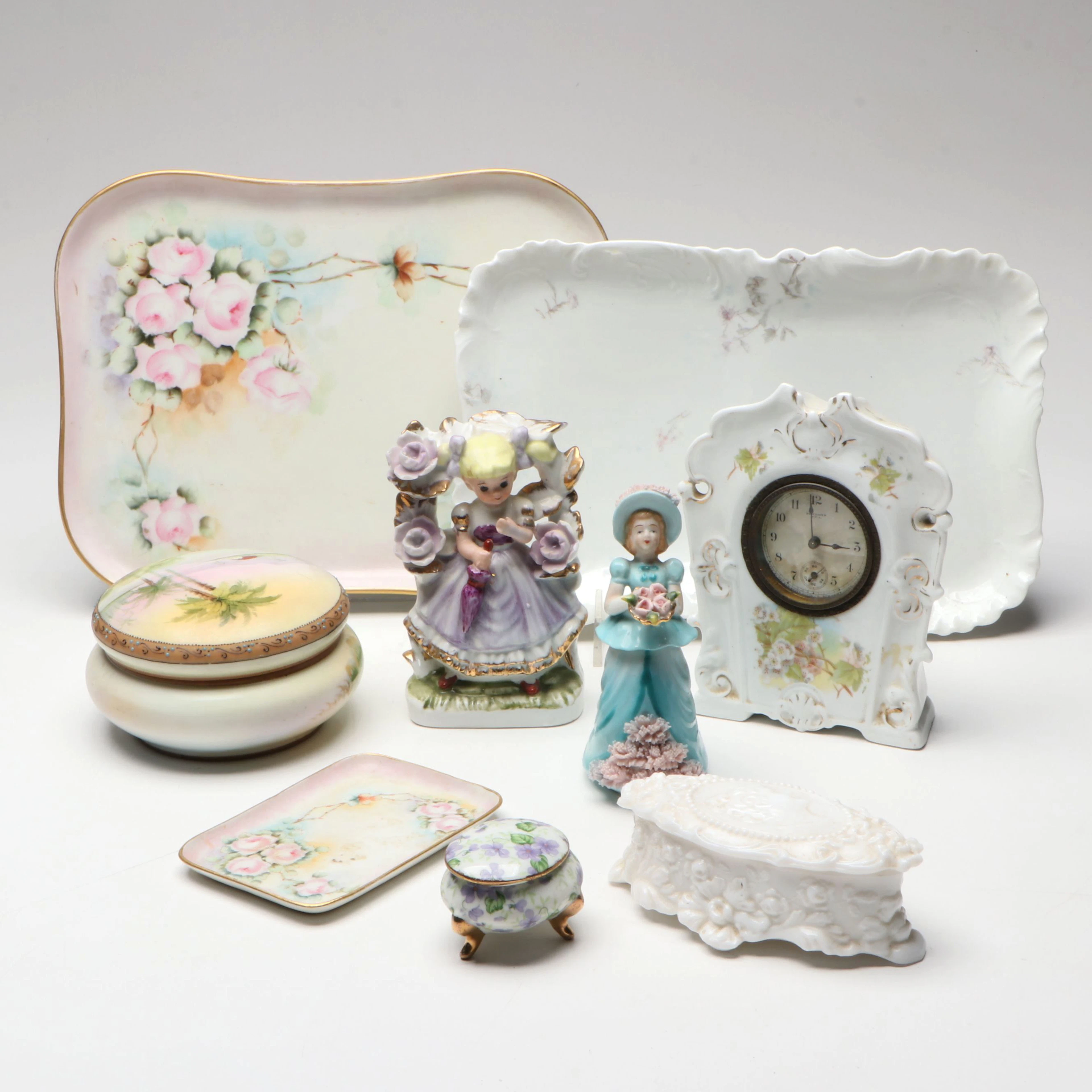 French and East Asian Hand-Painted Porcelain Boxes, Clock and More