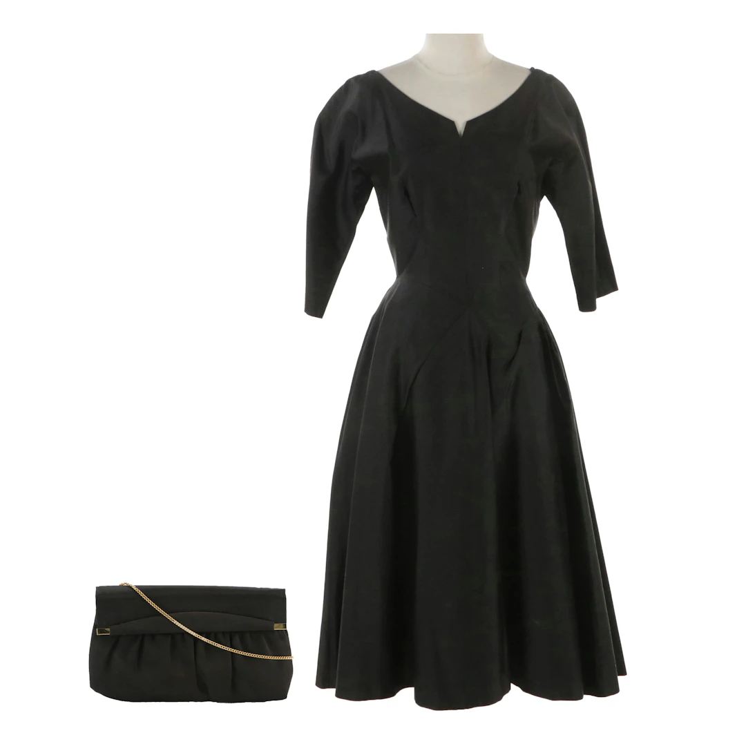 Calbette Vintage A-Line 3/4th Sleeve Cocktail Dress and Ande Bag in Black Satin