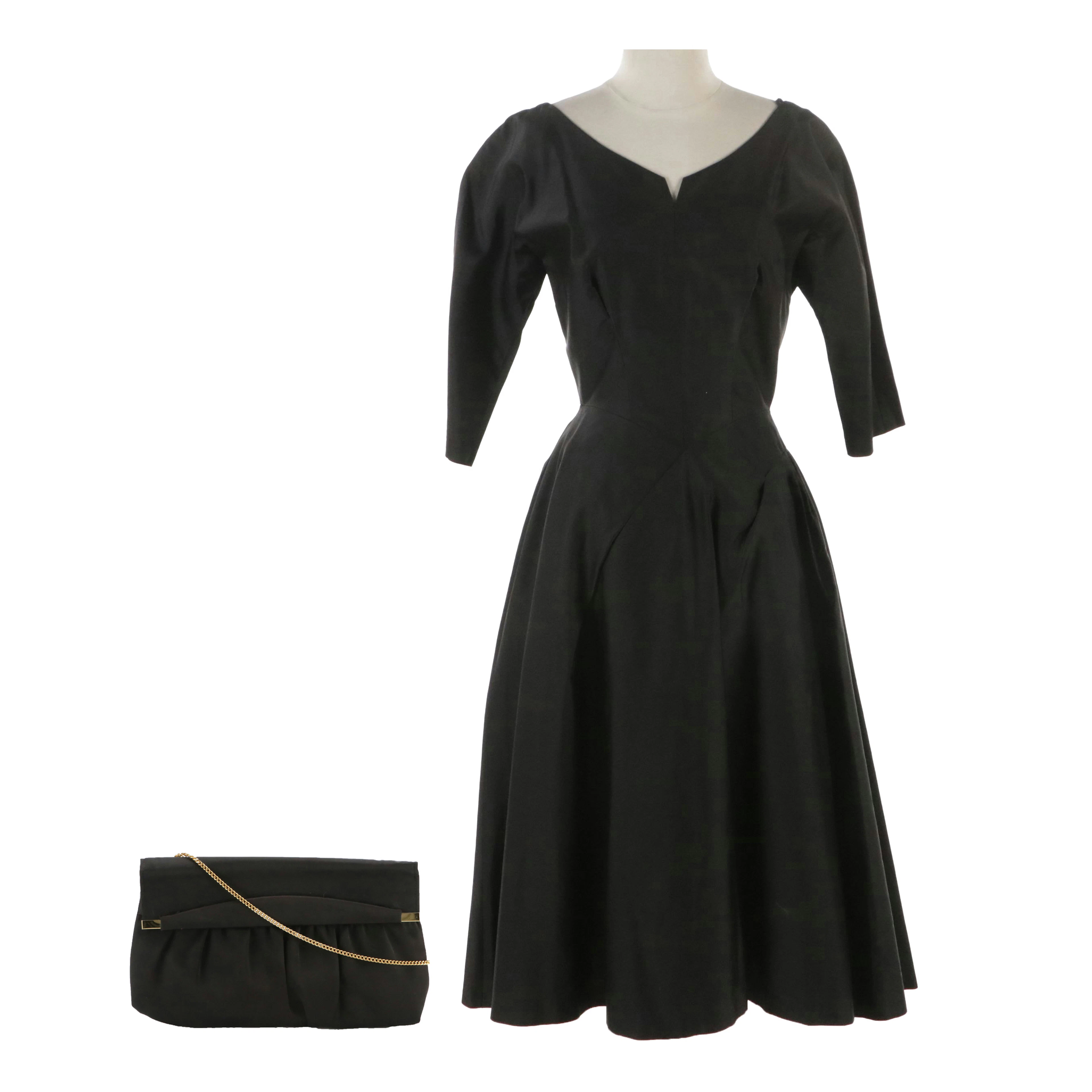 Calbette Vintage A-Line 3/4th Sleeve Cocktail Dress and Ande Bag in Black Satin
