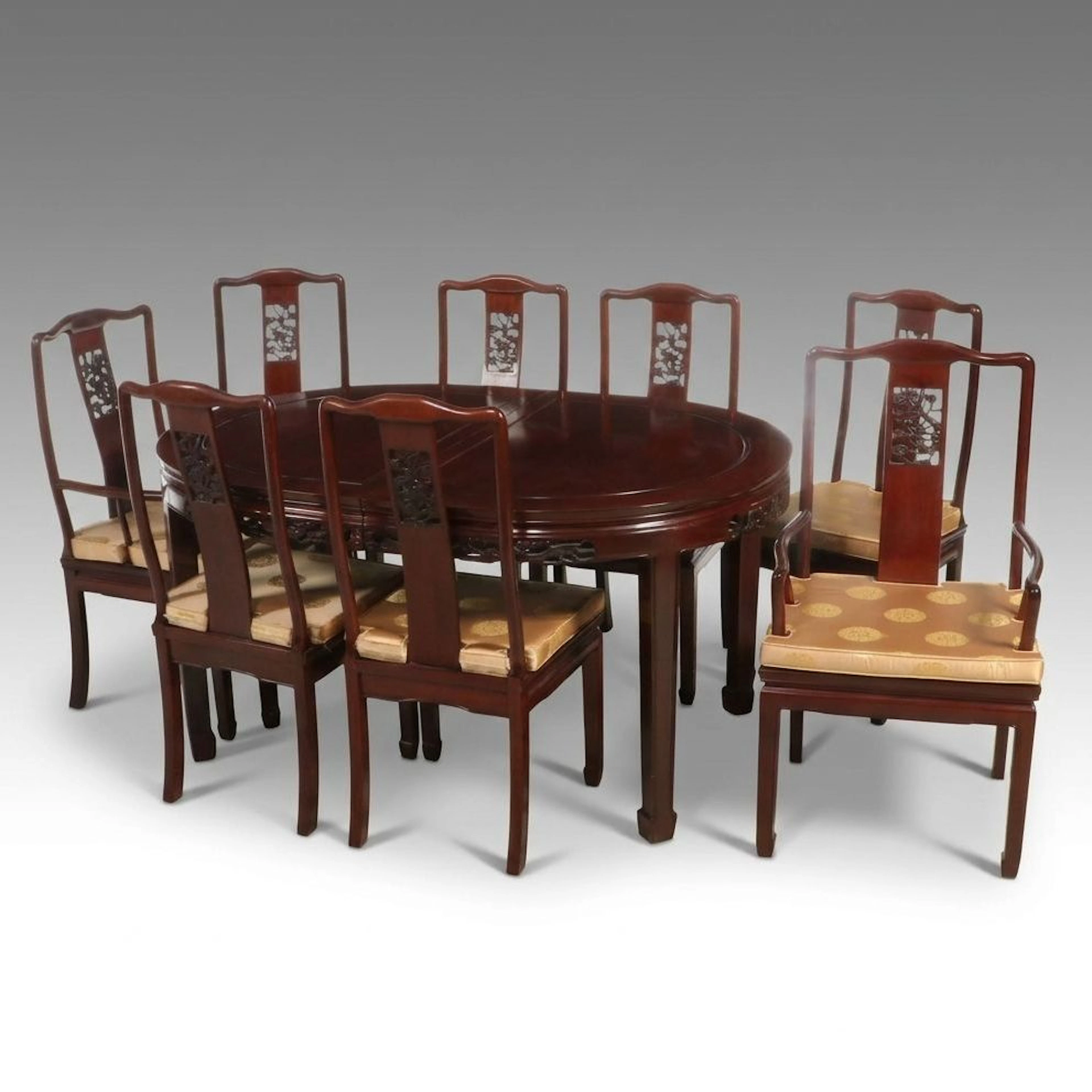 Chinese Ming Style Carved Hardwood Dining Table and Eight Dining Chairs