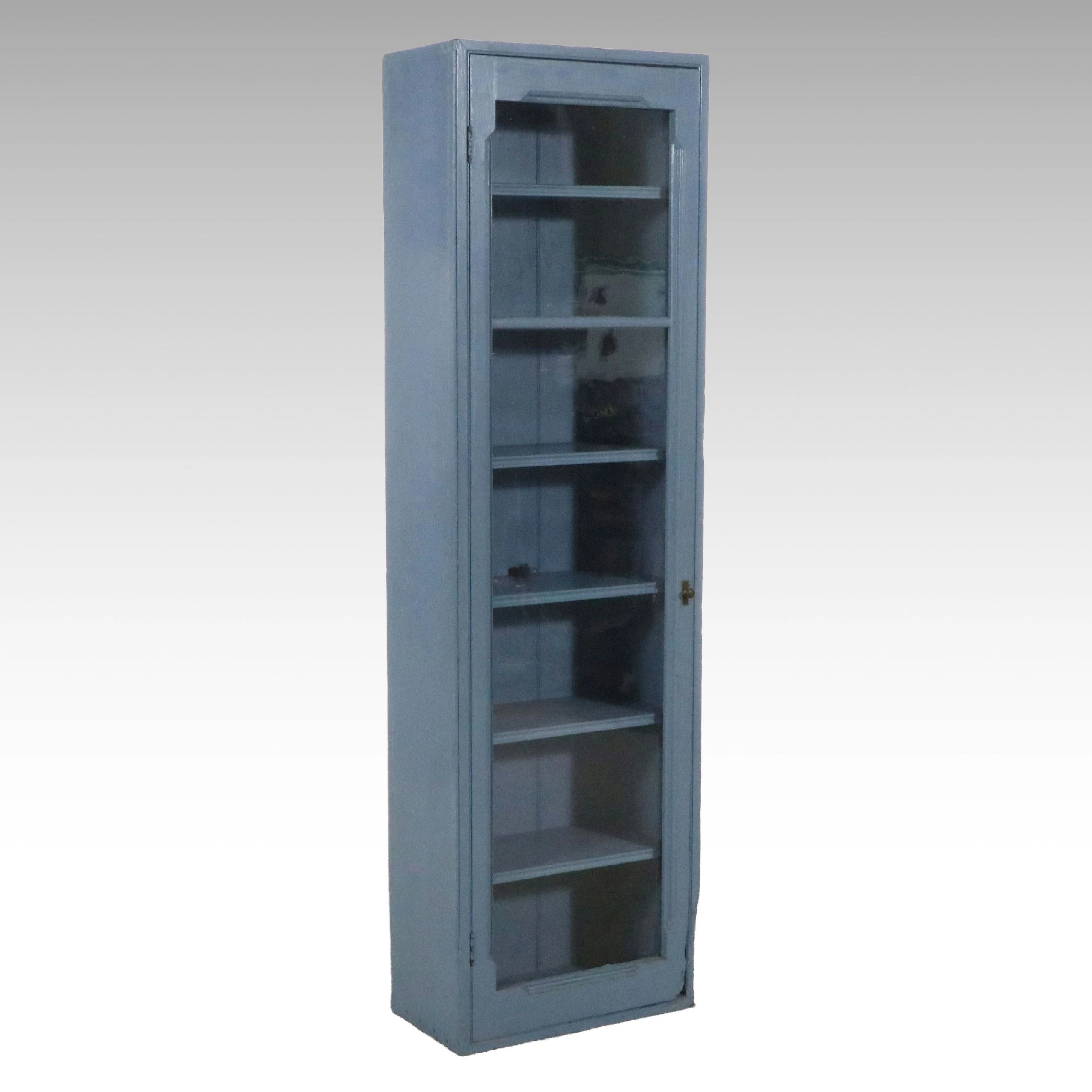 Primitive Style Blue-Painted Wood and Glass Corner Cabinet, 20th Century
