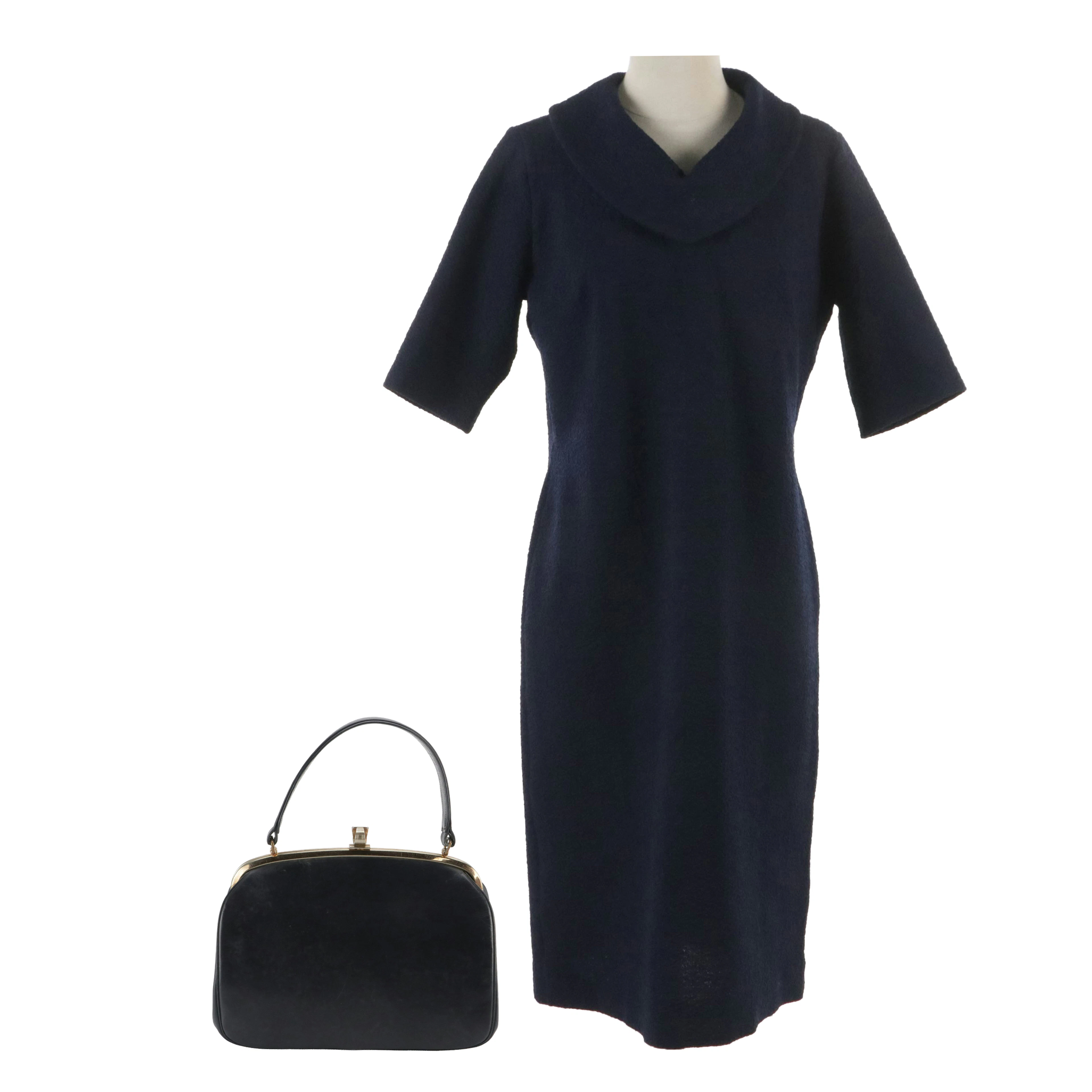 Leslie Fay Vintage Textured Fabric Midi Dress and Block Leather Frame Handbag