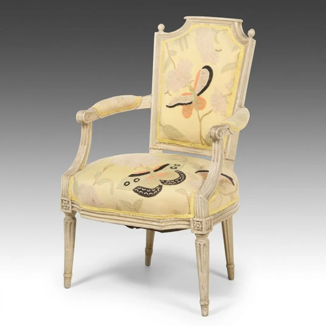 Louis XVI Style Painted Wood Fauteuil with Butterfly Crewel Upholstery