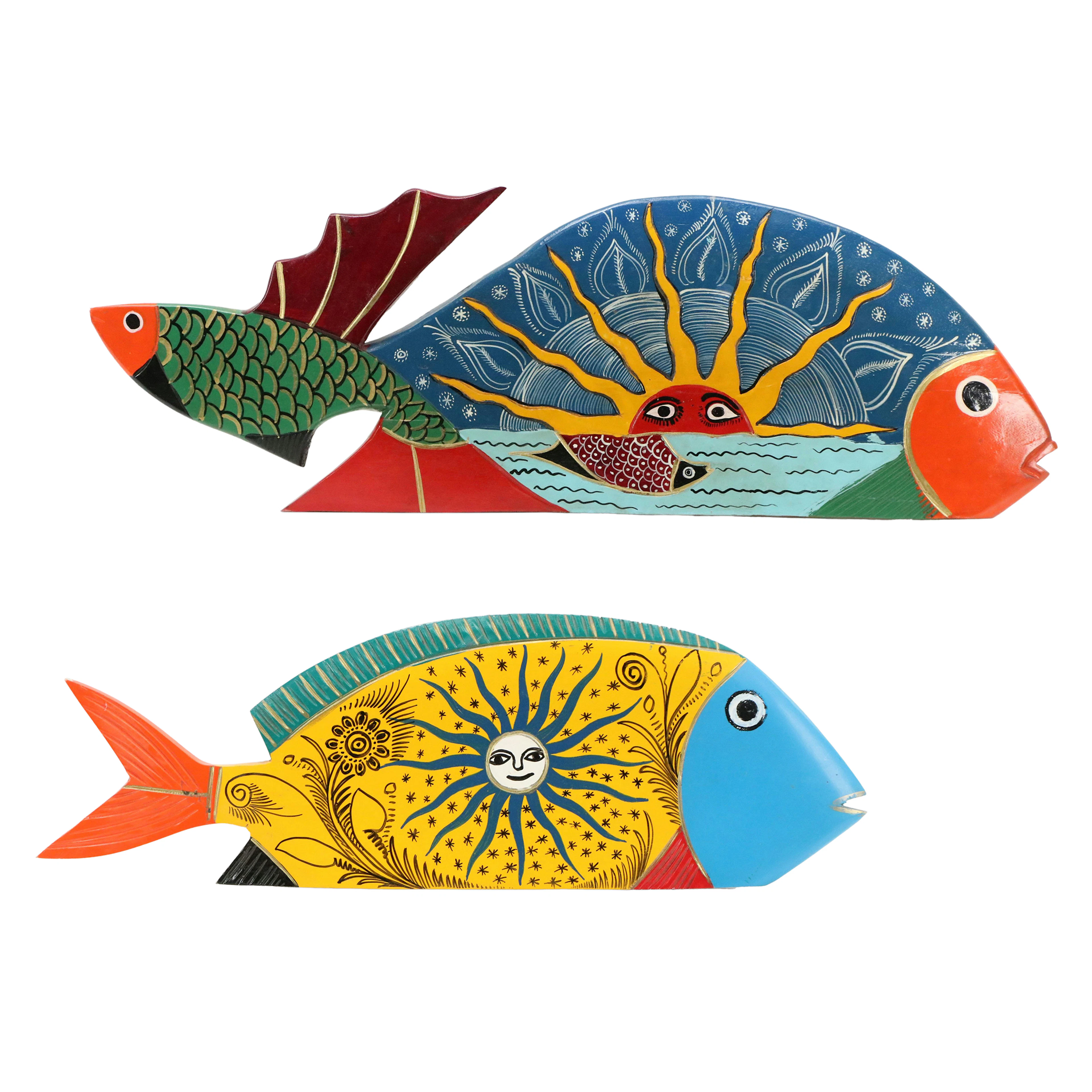 Mexican Folk Art Hand-Painted Wooden Fish Carvings with Celestial Motifs