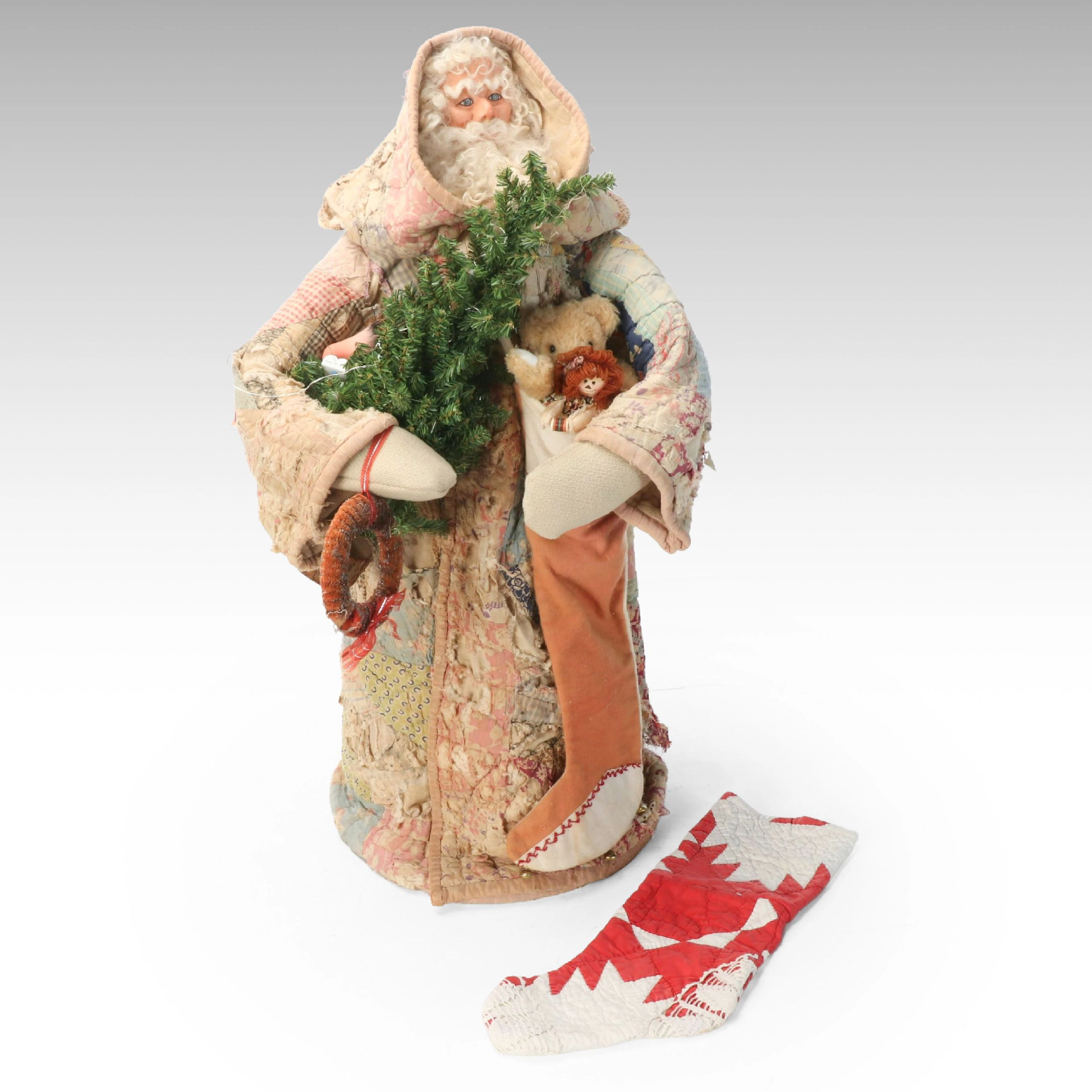 Large Santa Claus Tree Topper with Quilt Coat, Vintage