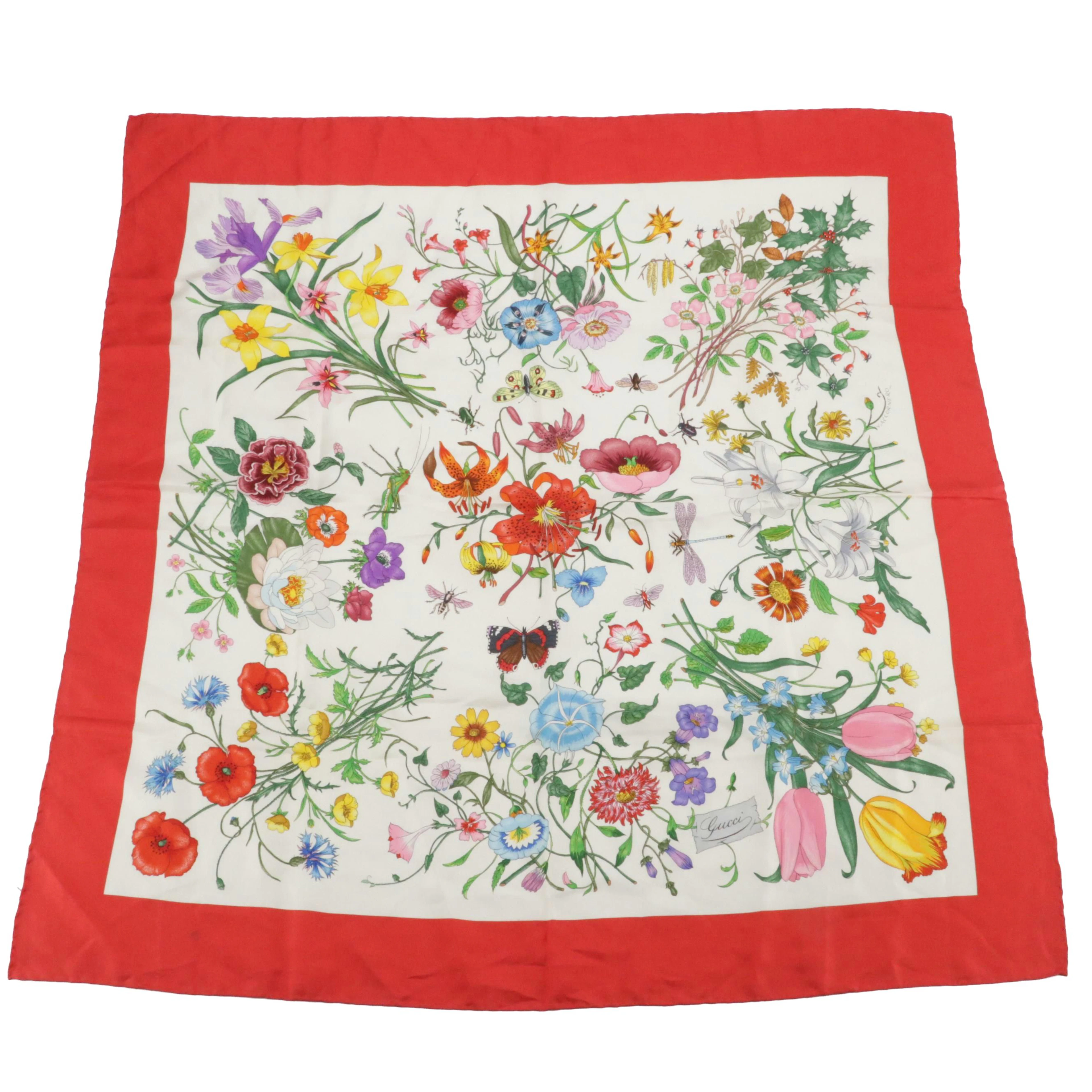 Gucci Flora and Insect Botanical Print Scarf 90 in Silk Twill