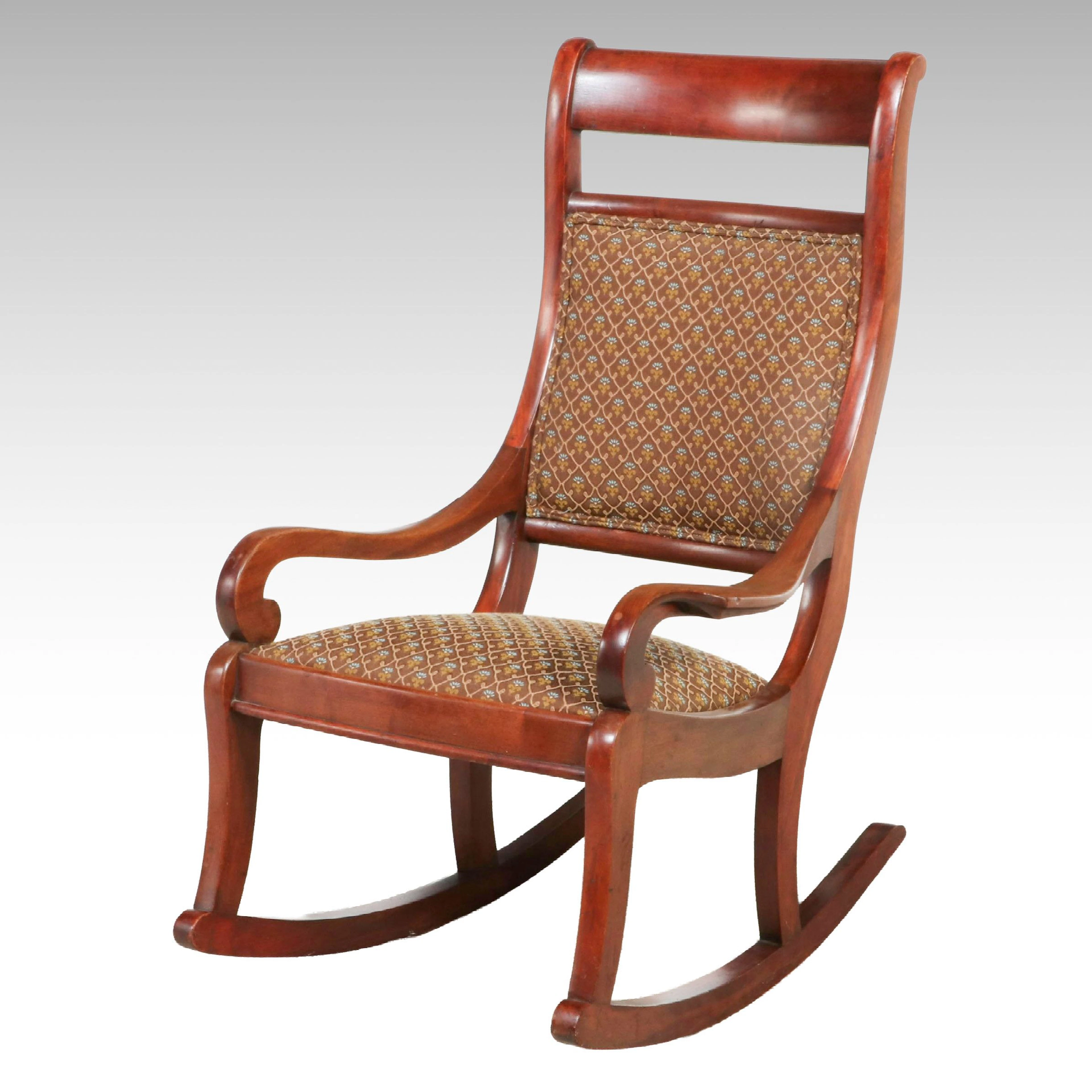 Empire Style Mahogany Rocking Chair with Jacquard Upholstered Back and Seat