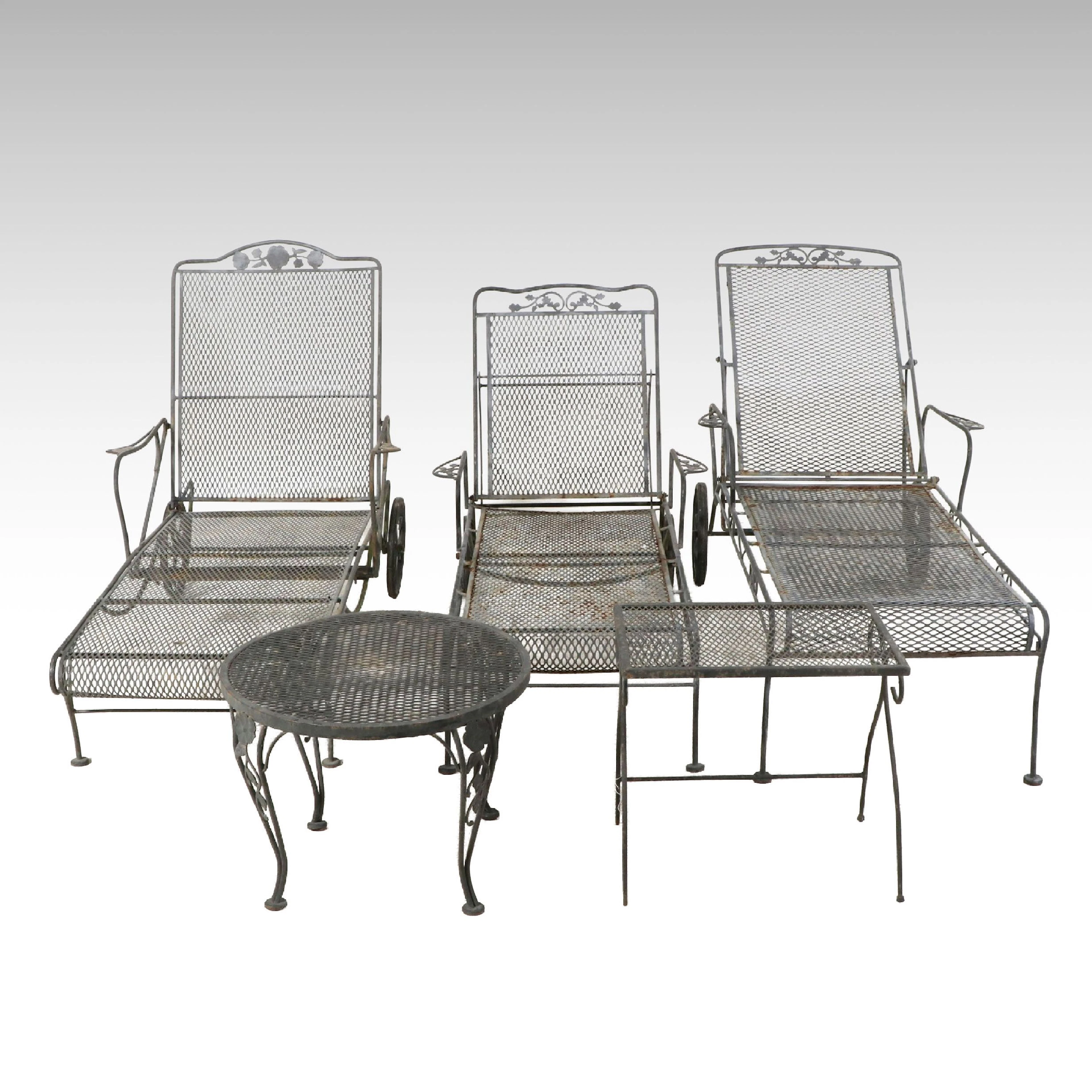 Wrought Iron Patio Chaise Lounges and End Tables, Late 20th Century