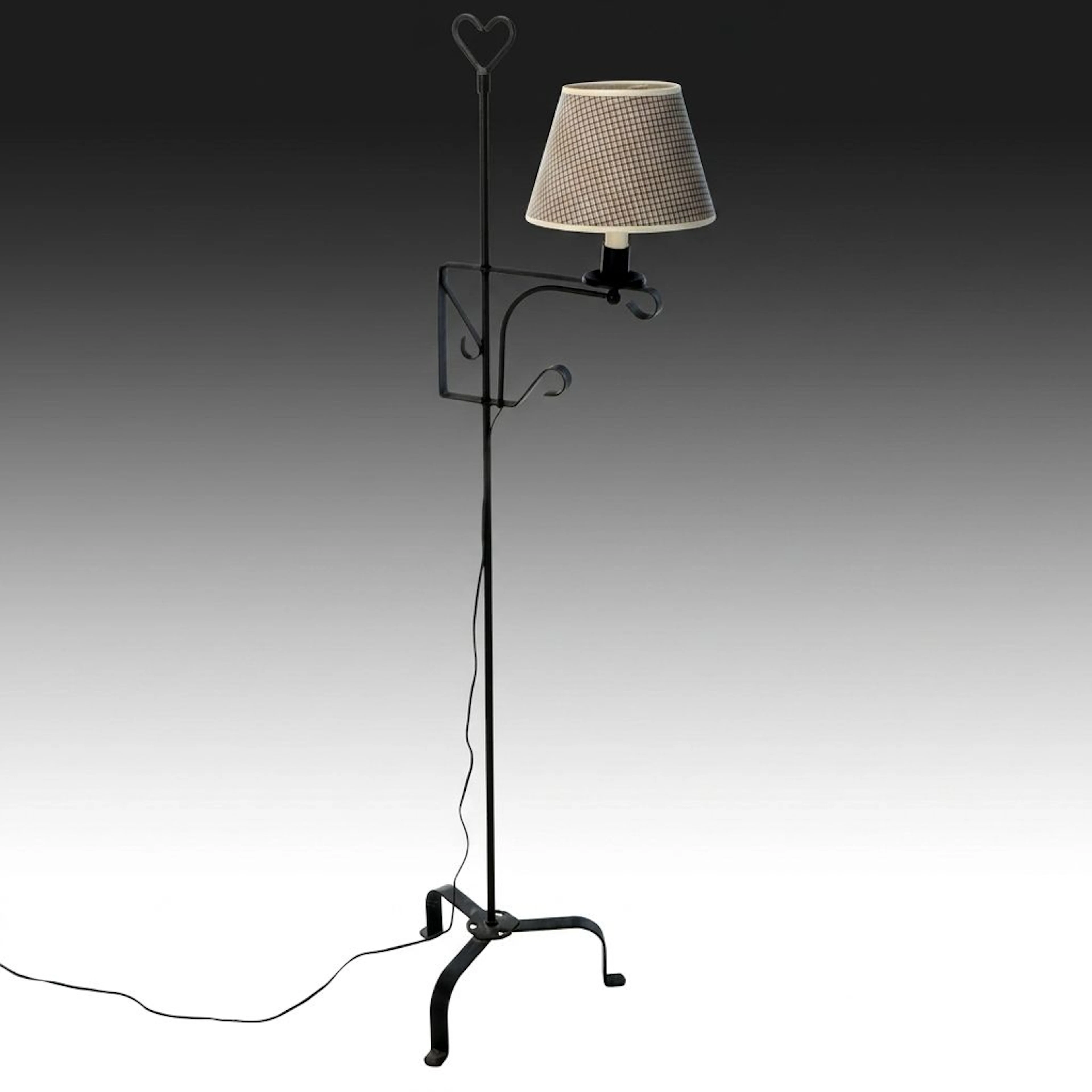 Colonial Style Black Wrought Iron Bridge Arm Floor Lamp with Plaid Shade