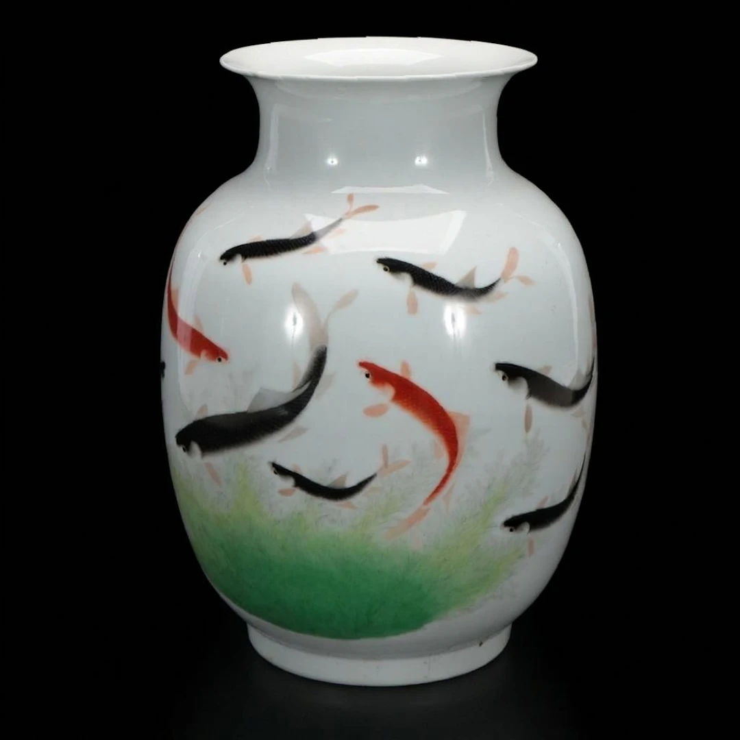 Chinese Hand-Painted Porcelain Ovoid Vase with Swimming Koi Fish Motif