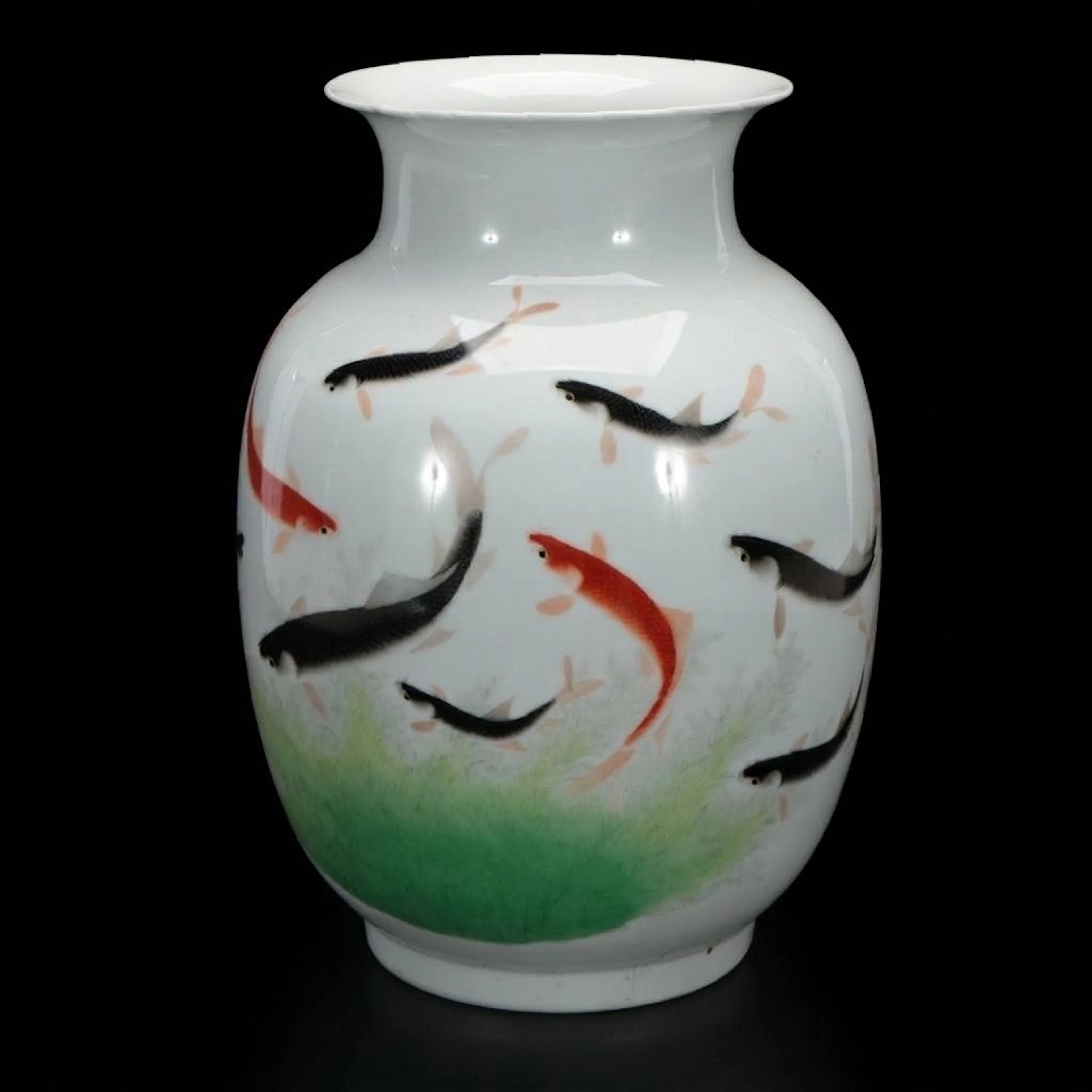 Chinese Hand-Painted Porcelain Ovoid Vase with Swimming Koi Fish Motif