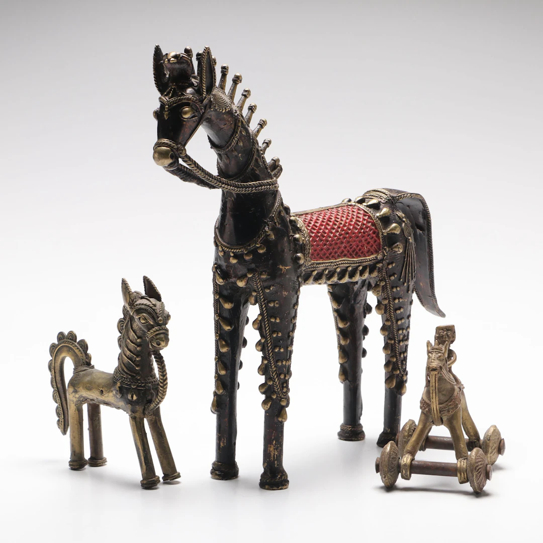 Indian Dhokra Brass Horses and Temple Toy