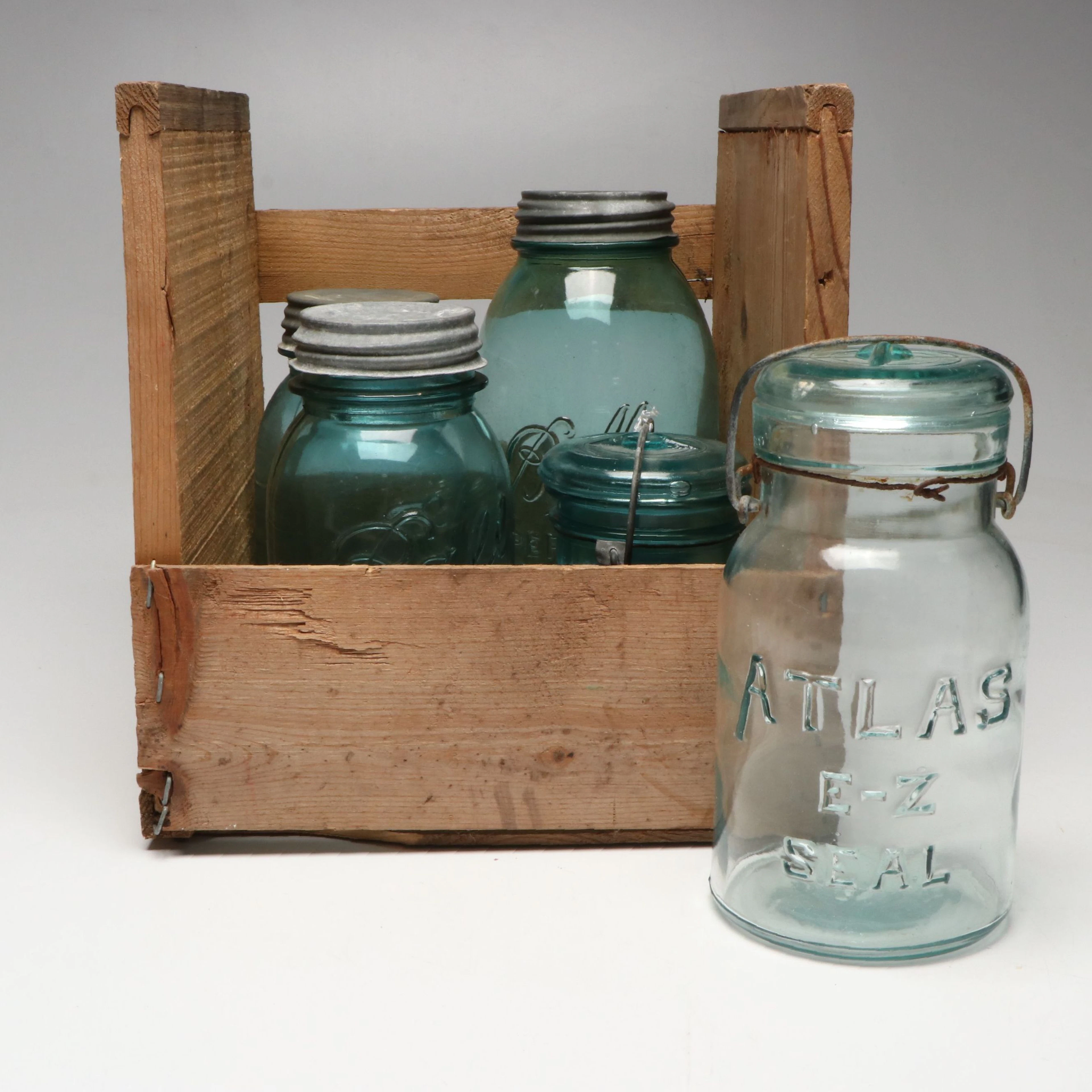 Ball "Perfect Mason" and Other Blue Glass Canning Jars with Wood Crate