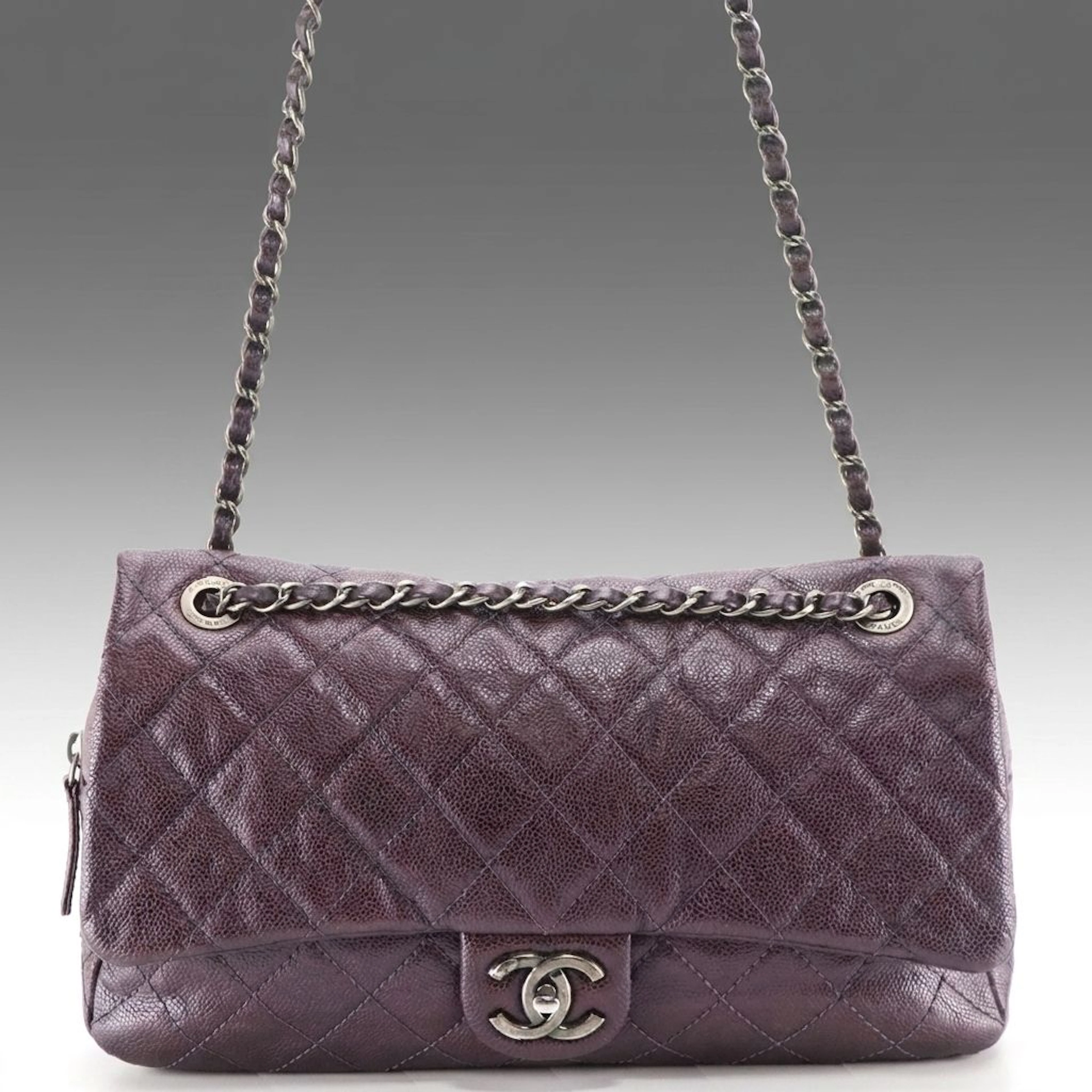 Chanel Zippered CC Flap Bag in Violet Quilted Caviar Leather
