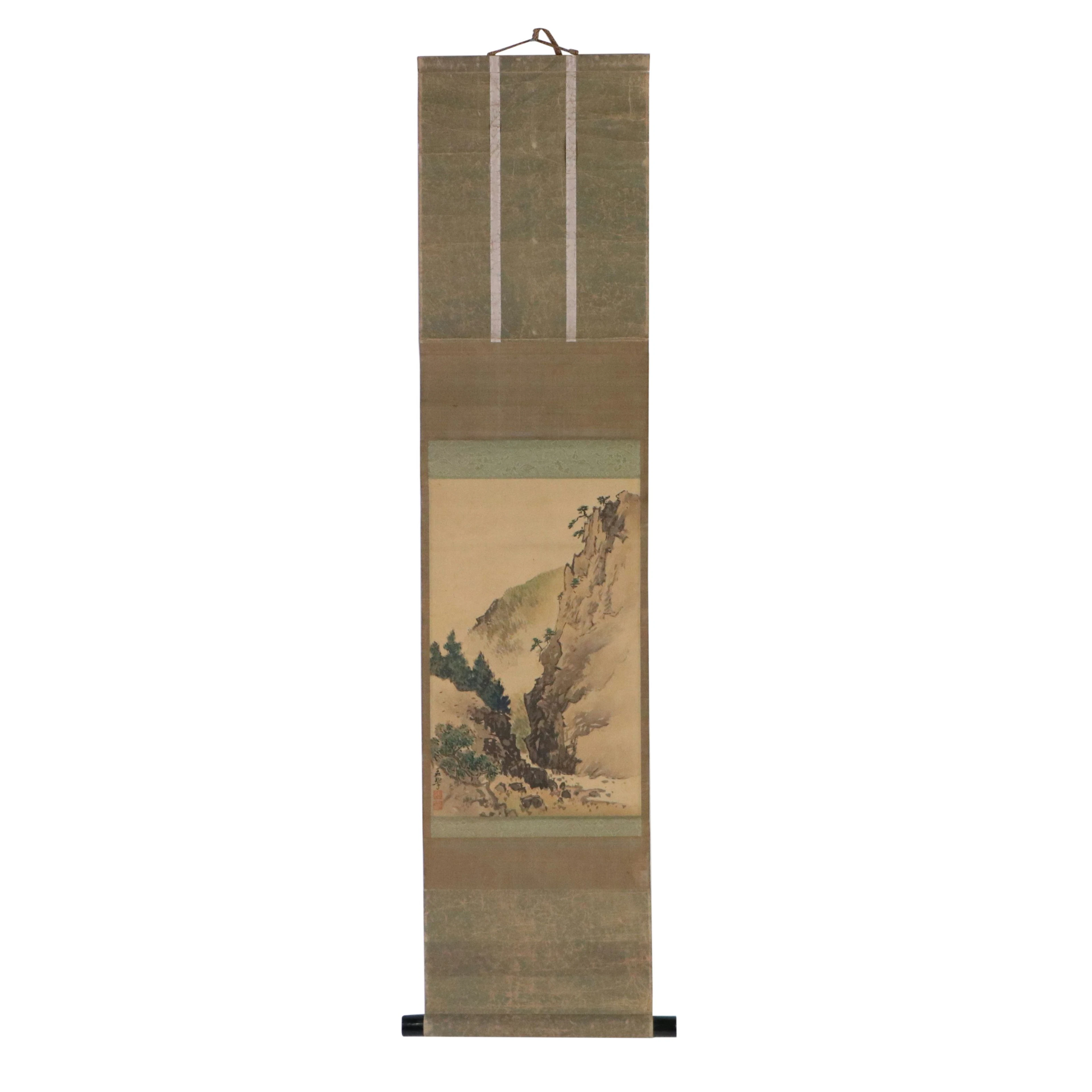 East Asian School Gouache Painting of Mountain Landscape on Scroll