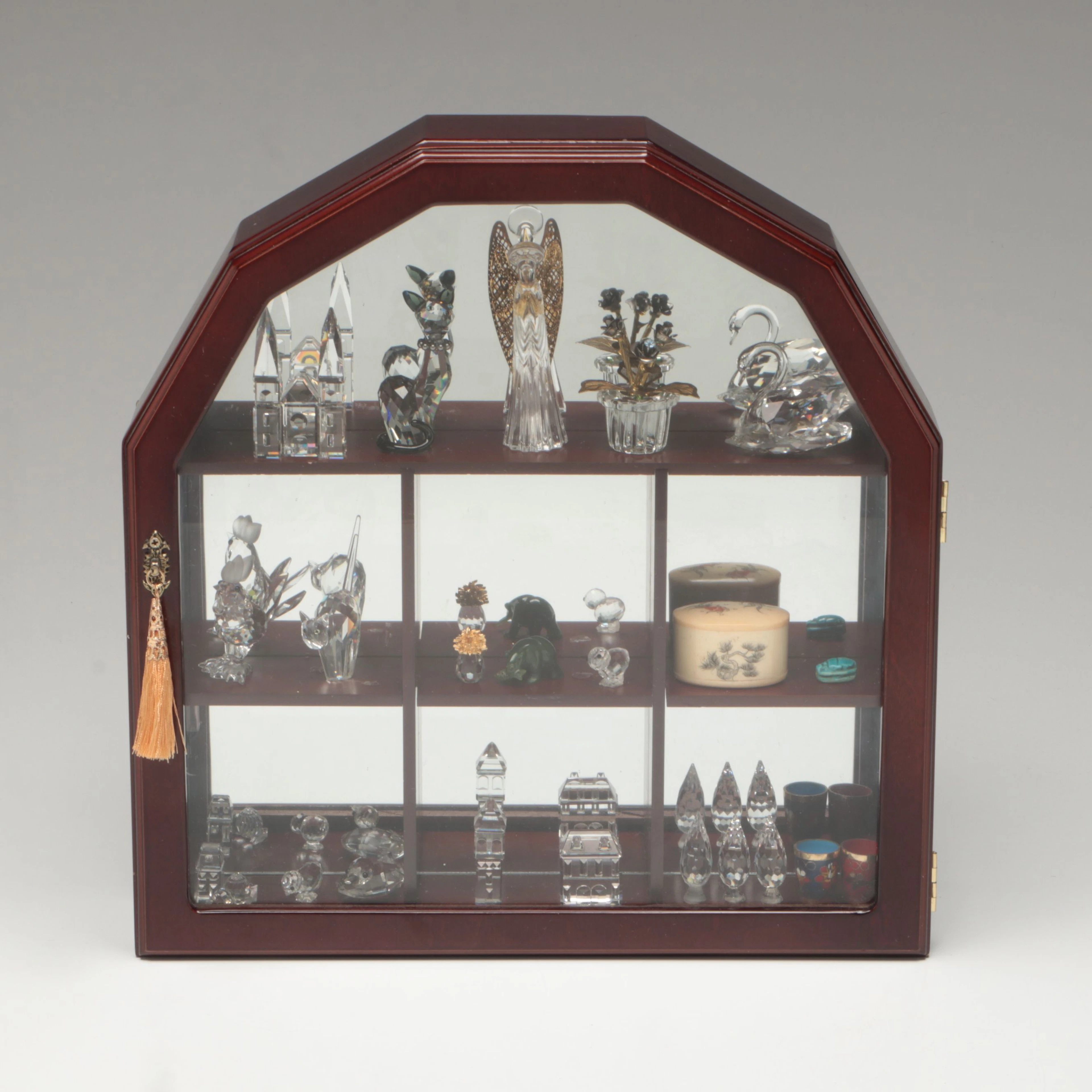 Swarovski Crystal Figurines and Bone Box Featured in Wall-Mount Curio Cabinet
