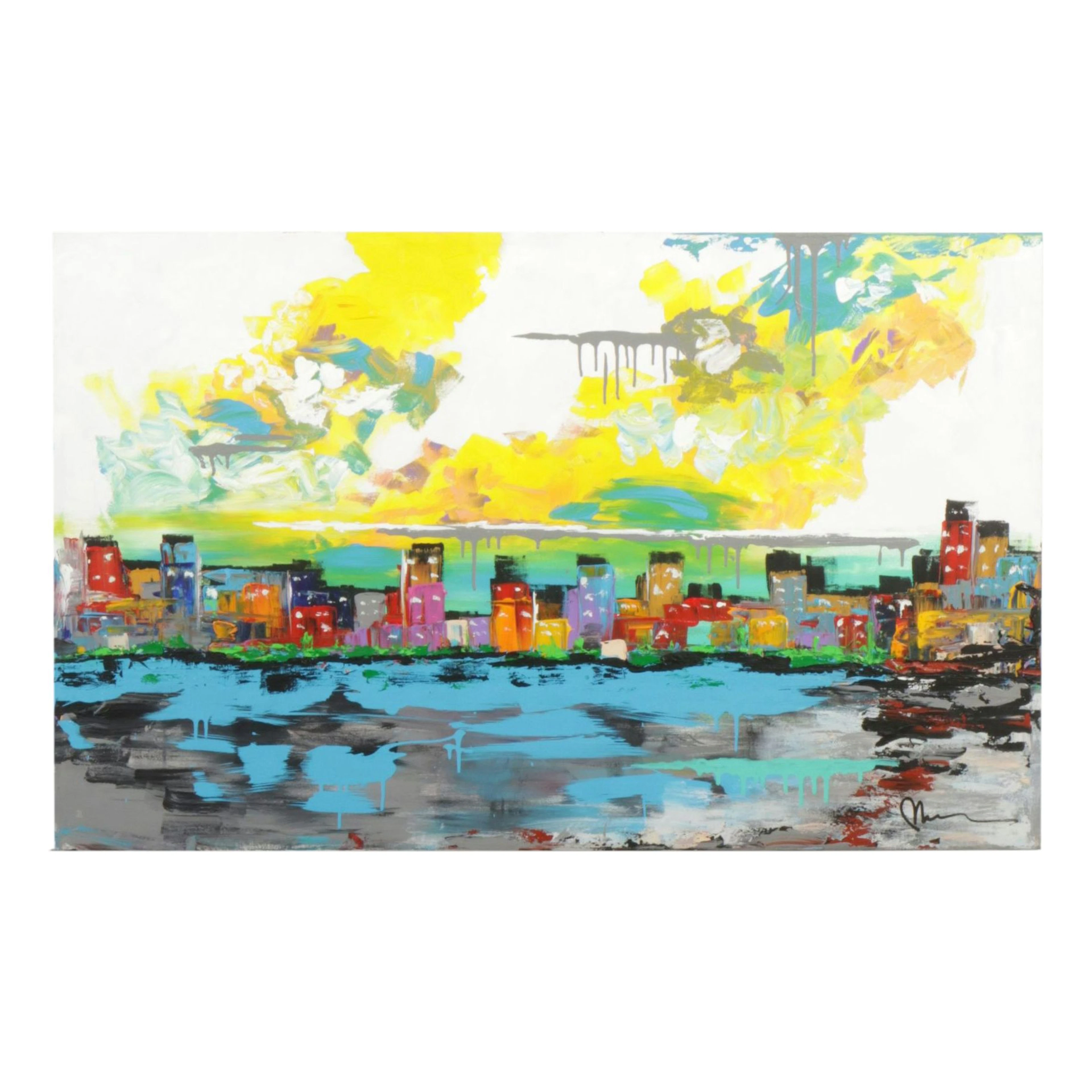 Mac Worthington Abstract Cityscape Acrylic Painting