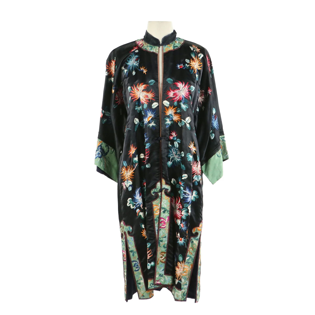 Chinese Hand-Embroidered Silk Robe with Panel Trim, Vintage