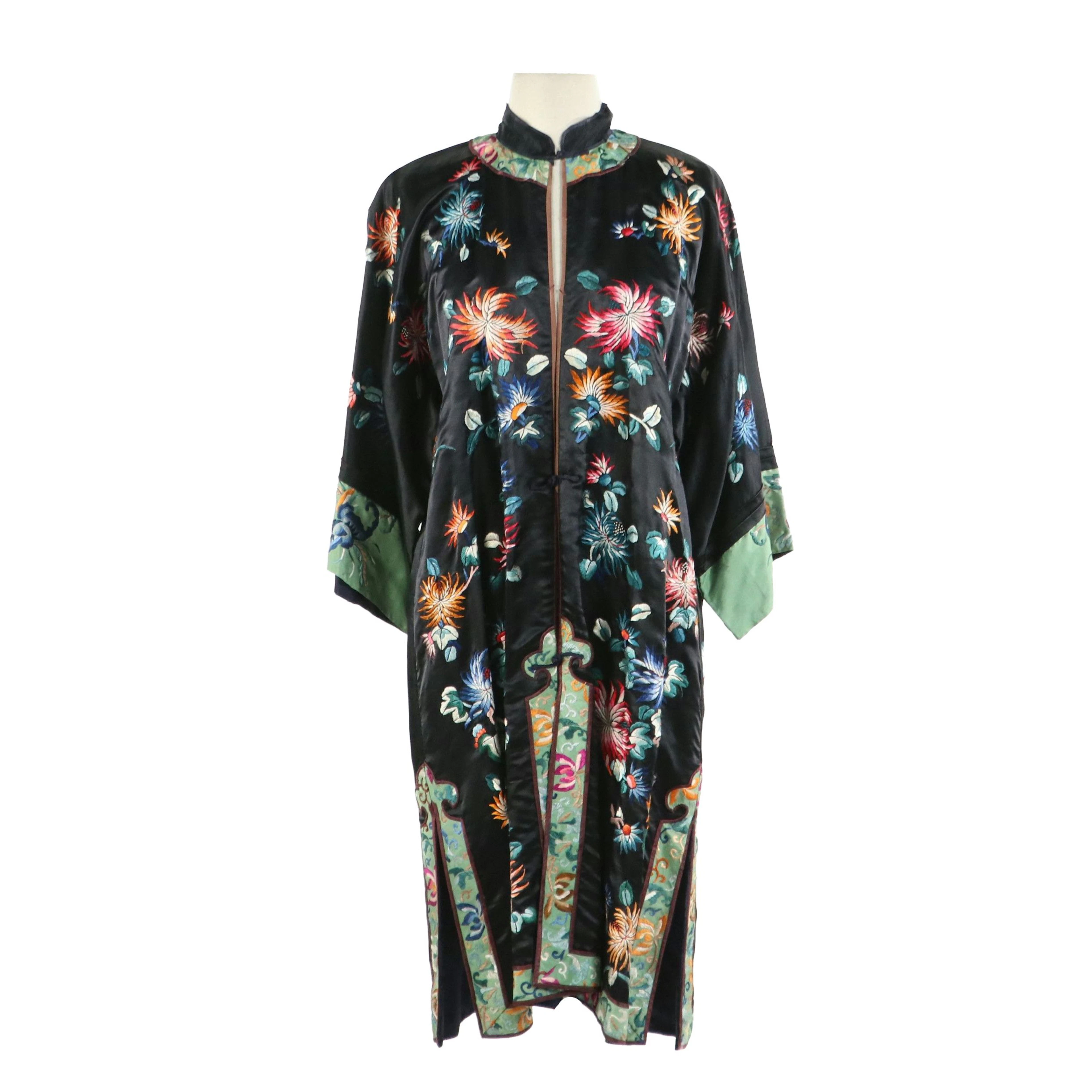 Chinese Hand-Embroidered Silk Robe with Panel Trim, Vintage