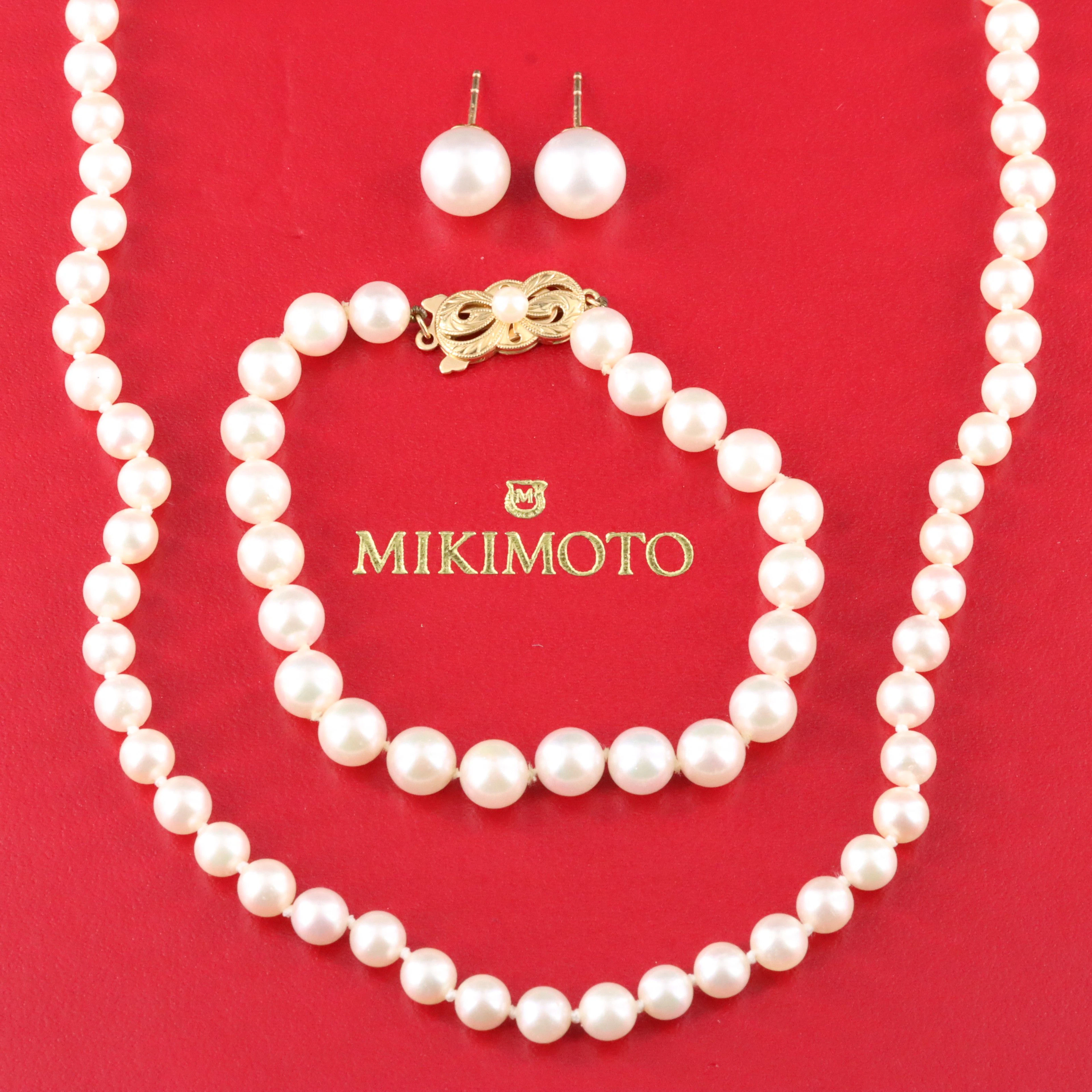 Mikimoto 18K Pearl Jewelry Necklace, Bracelet and Earrings