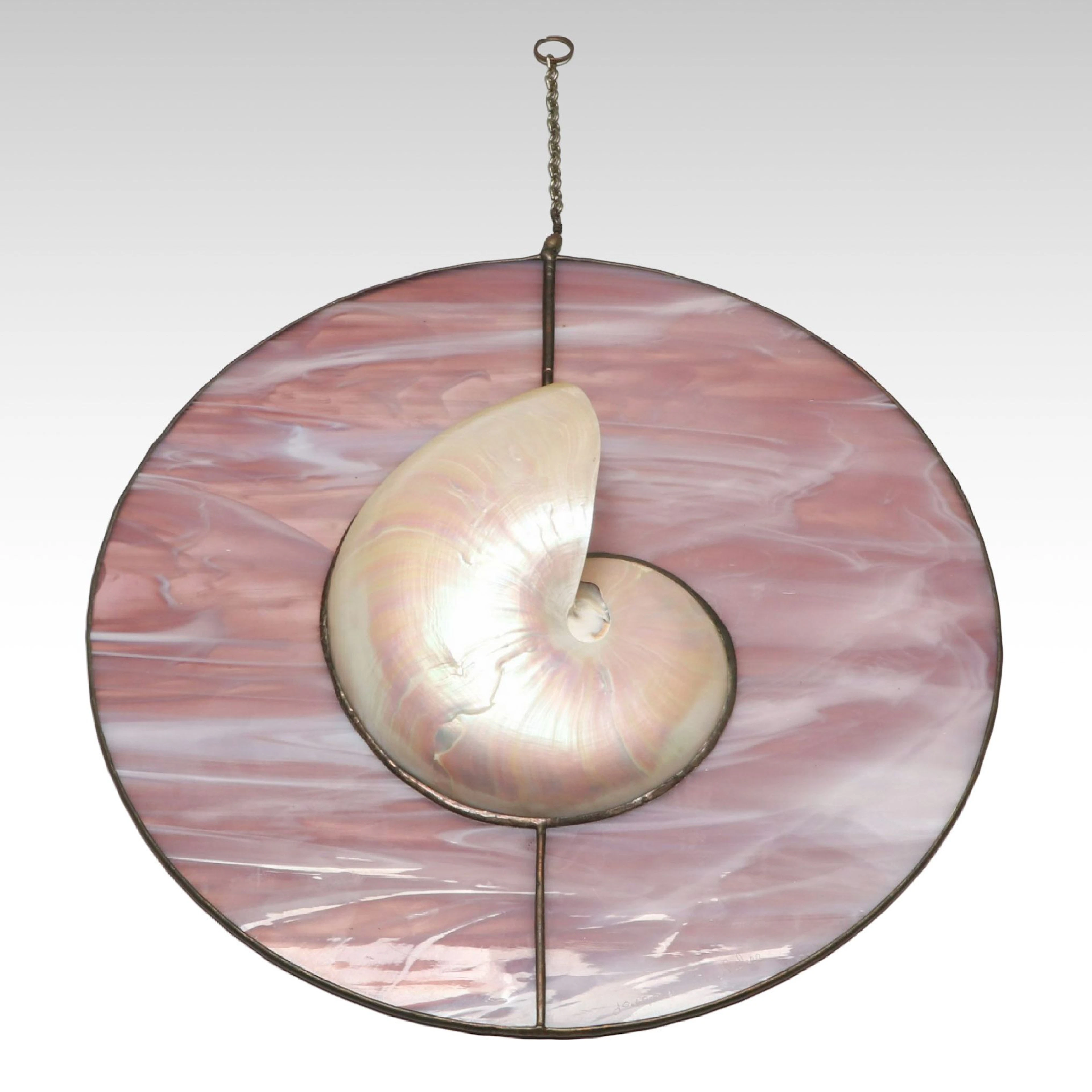 Amethyst Slag Glass Panel with Inlaid Pearlized Nautilus Shell