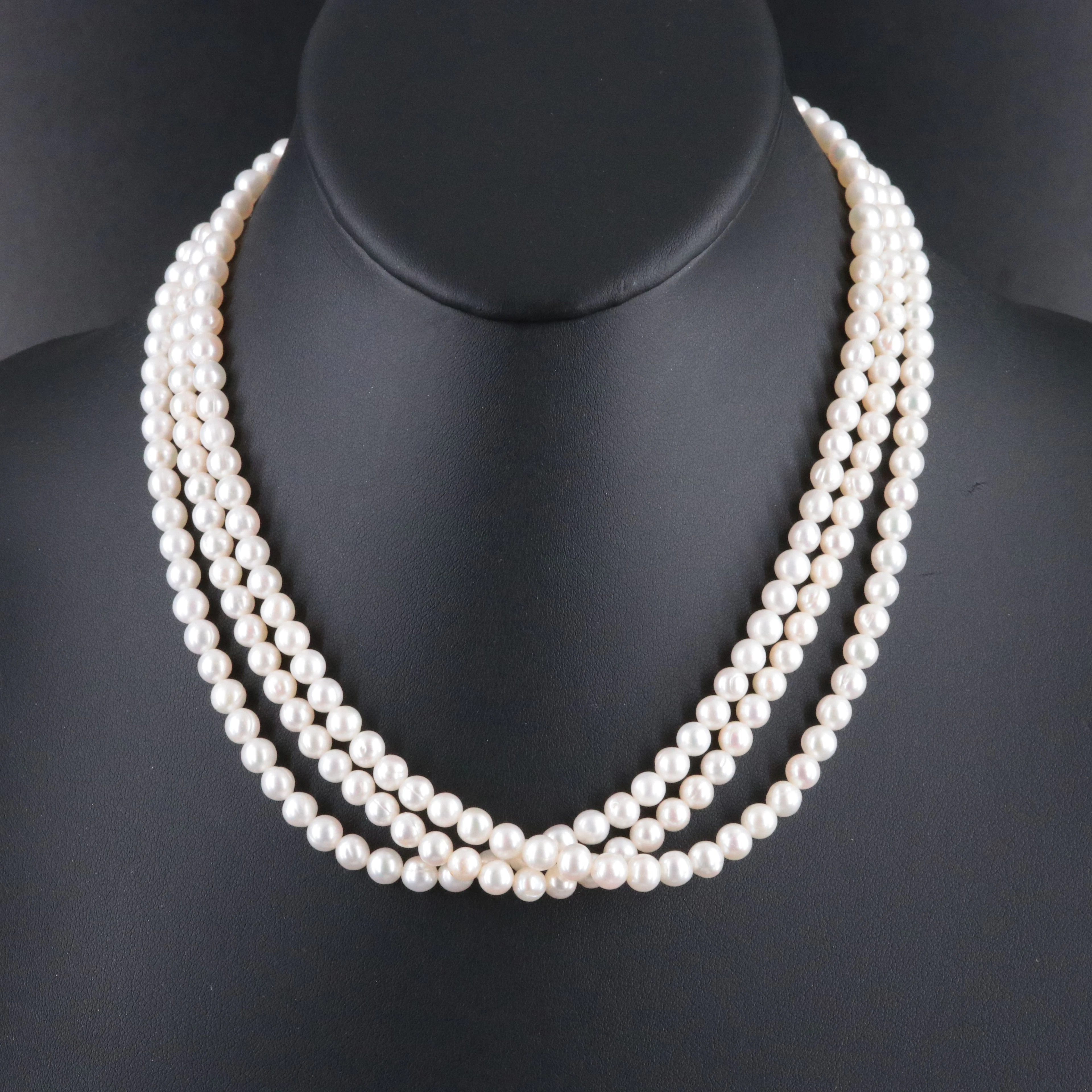 Triplet Stand Pearl Necklace with 14K Clasp