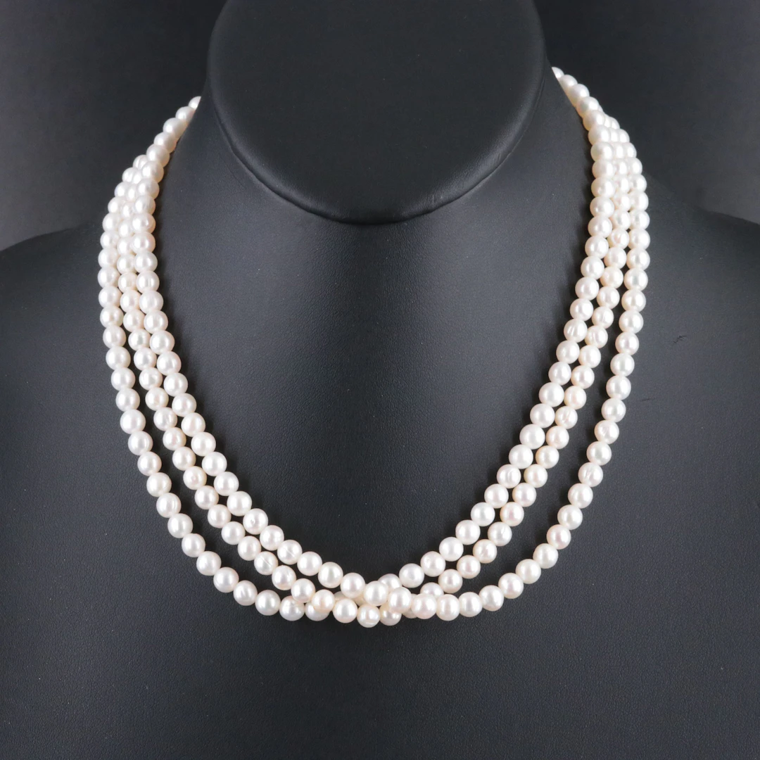 Triplet Stand Pearl Necklace with 14K Clasp