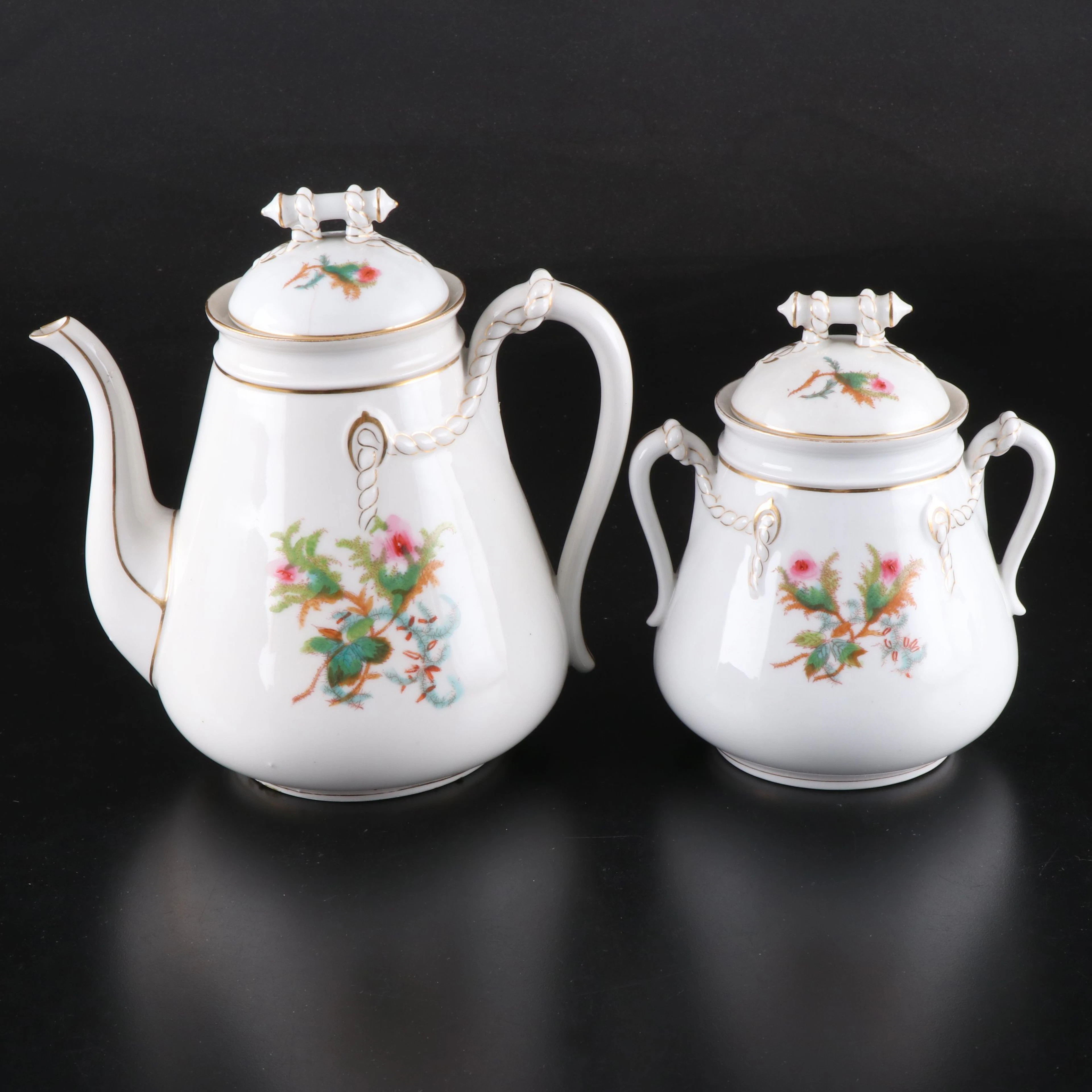 Haviland "Moss Rose" Porcelain Teapot and Sugar