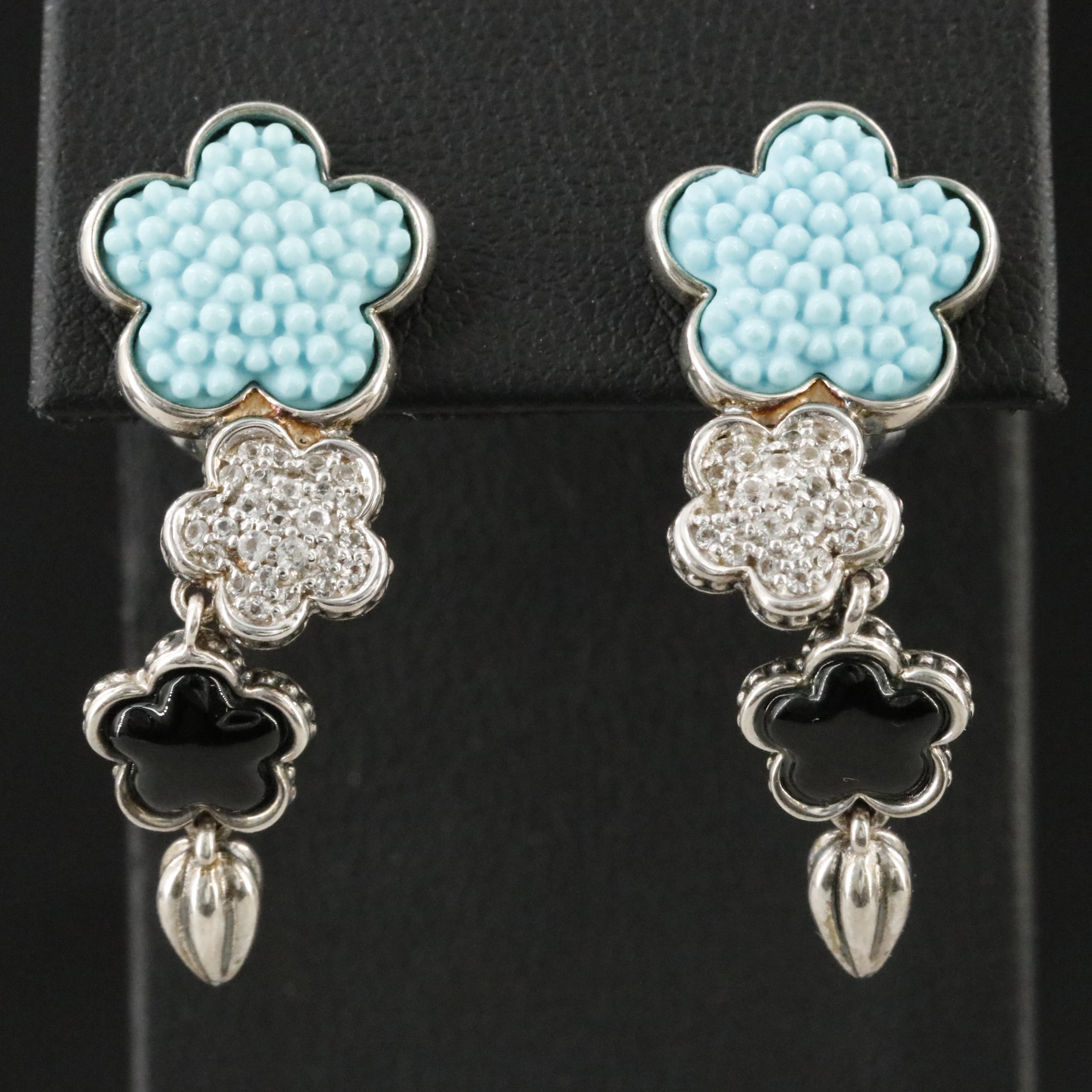 Lagos Sterling White Sapphire, Black Onyx and Faux Turquoise Drop Earrings