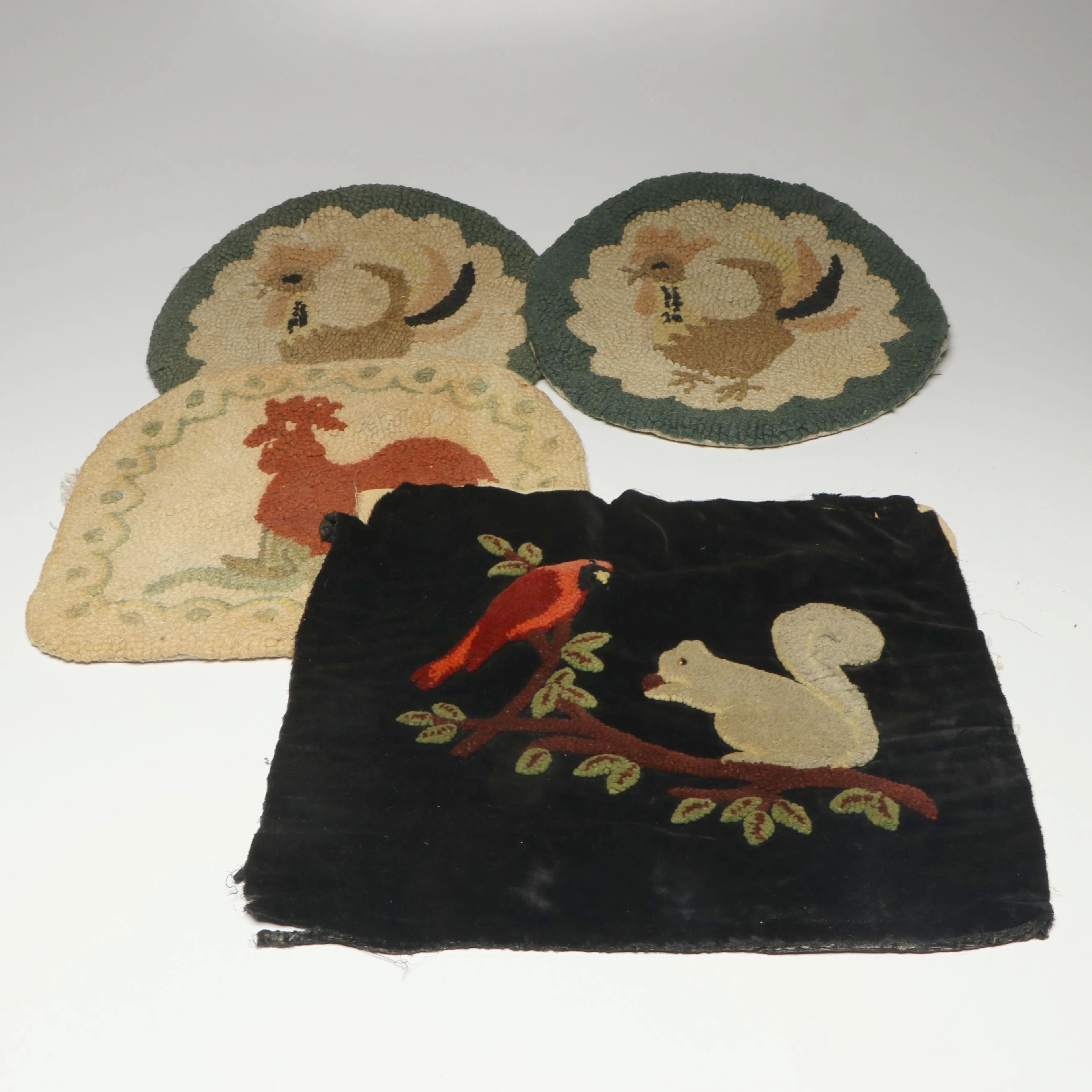 Handmade Hooked Rug Rooster Mats with Velvet Squirrel and Cardinal Textile