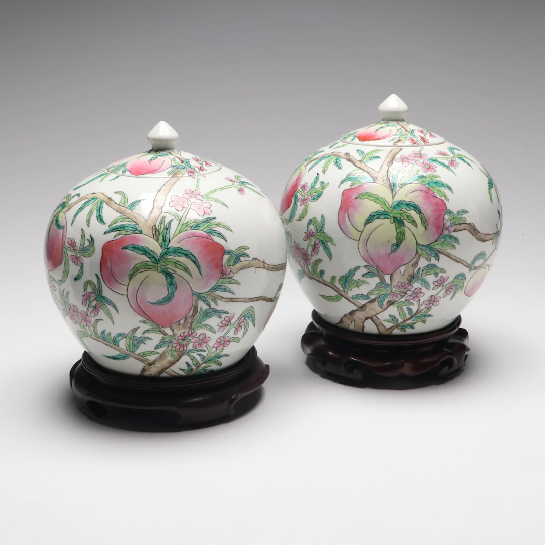 Pair of Maitland-Smith Famille Rose Porcelain Jars with Stands
