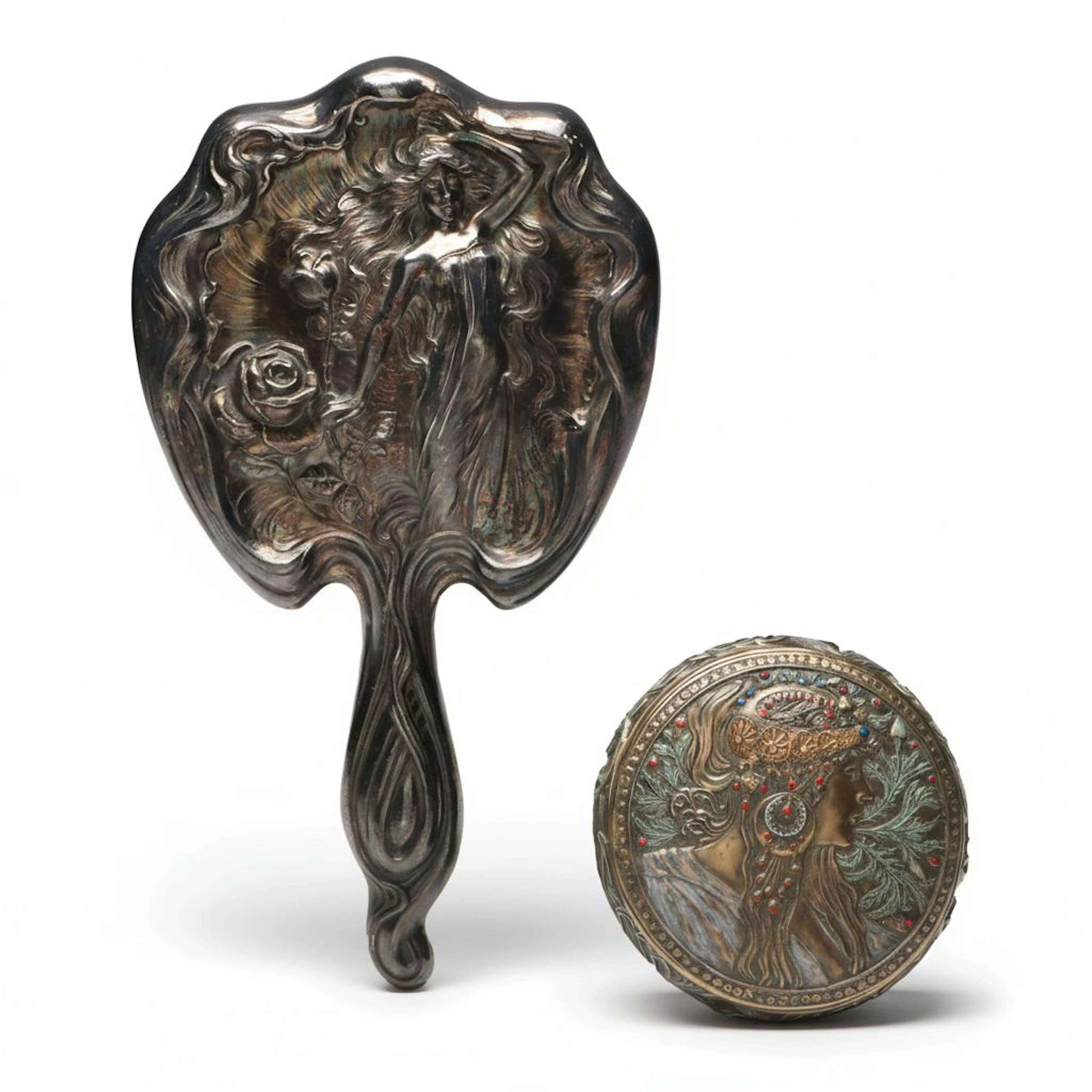 Veronese After Alphonse Mucha Art Nouveau Style Jewelry Box with Hand Mirror